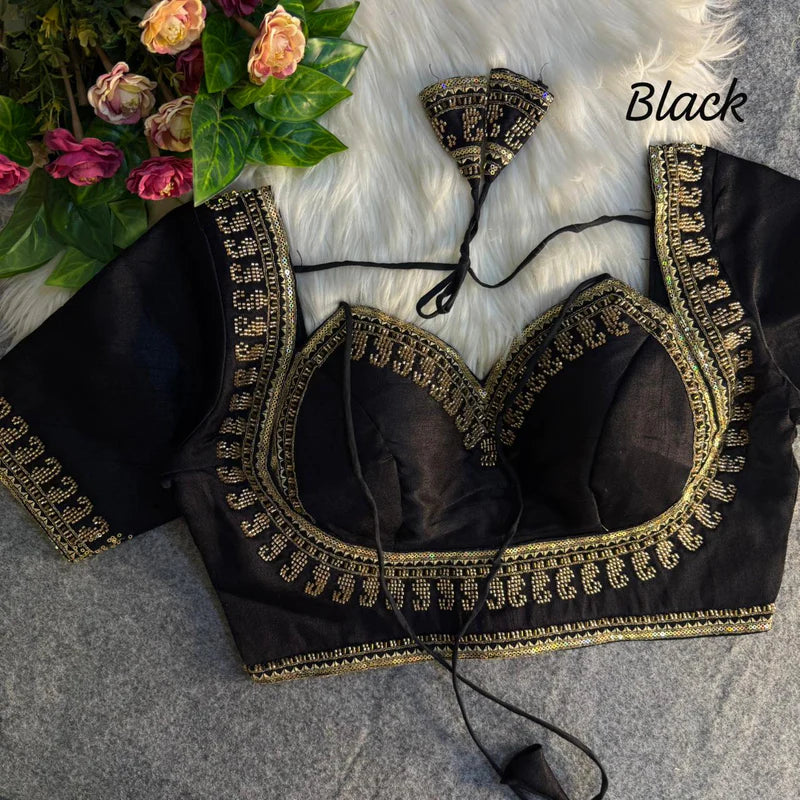 Jet Black Royal Beads Work Bridal Blouse  Italian Silk Designer Couture Wear