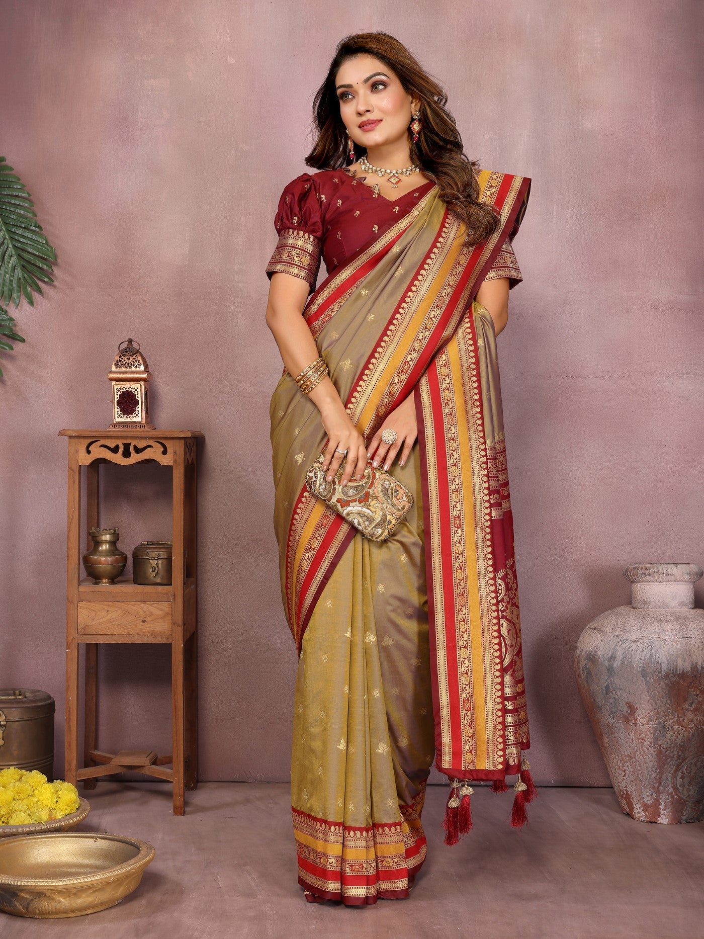 Khaki Kalamkari Silk Saree With Traditional Weaving