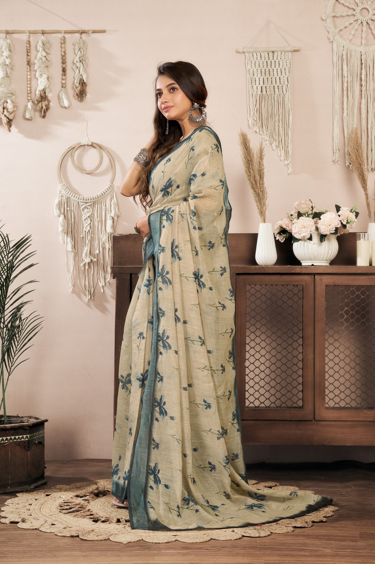 Khaki Linen Ready To Wear Saree With Zari Border Printed