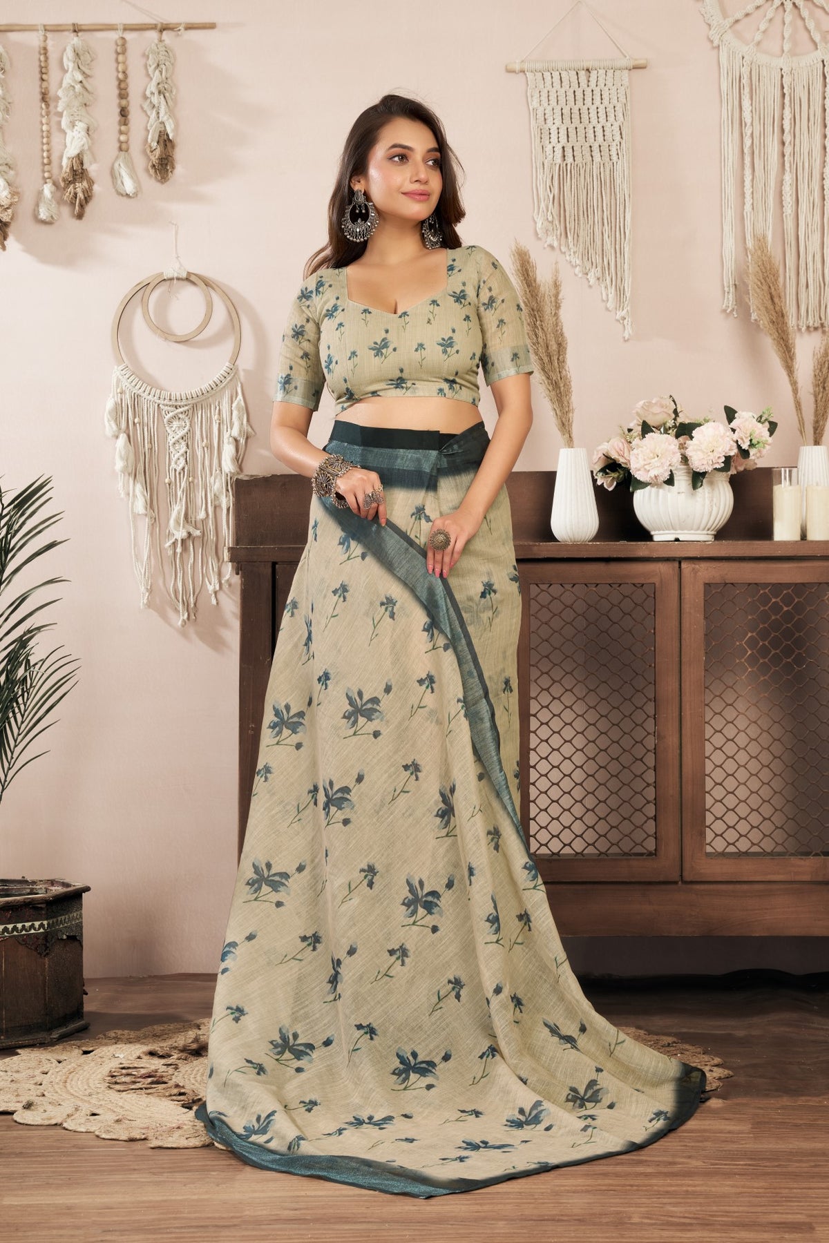 Khaki Linen Ready To Wear Saree With Zari Border Printed