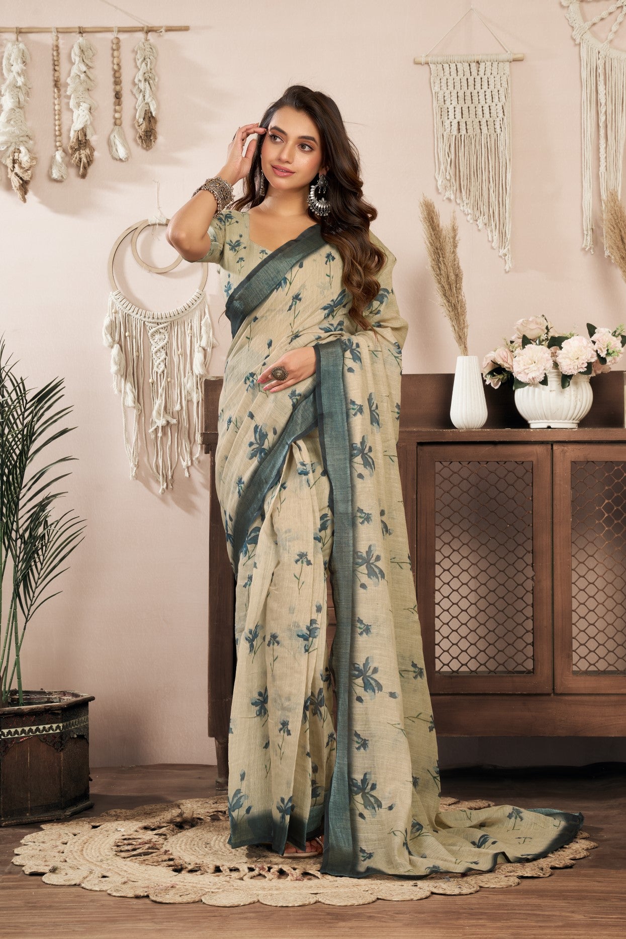 Khaki Linen Ready To Wear Saree With Zari Border Printed