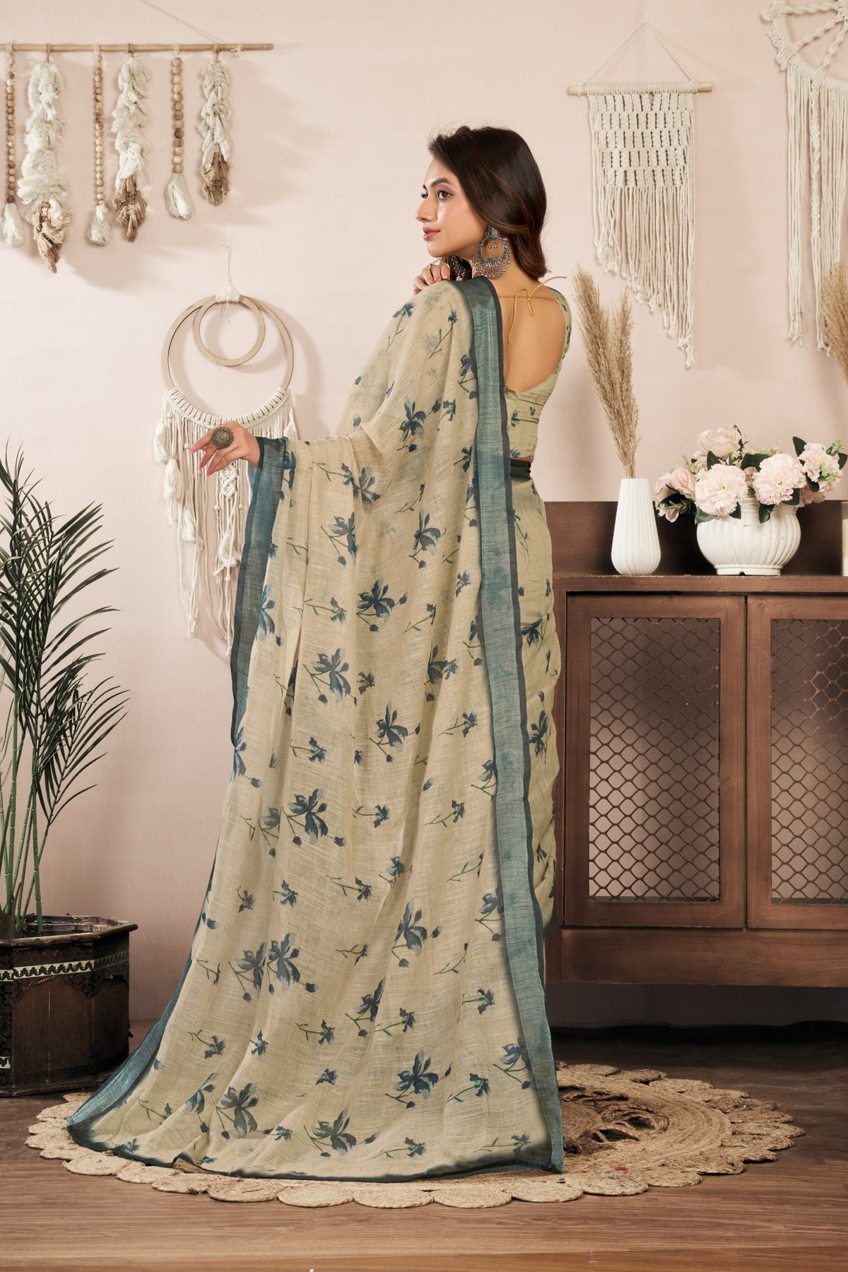 Khaki Linen Ready To Wear Saree With Zari Border Printed