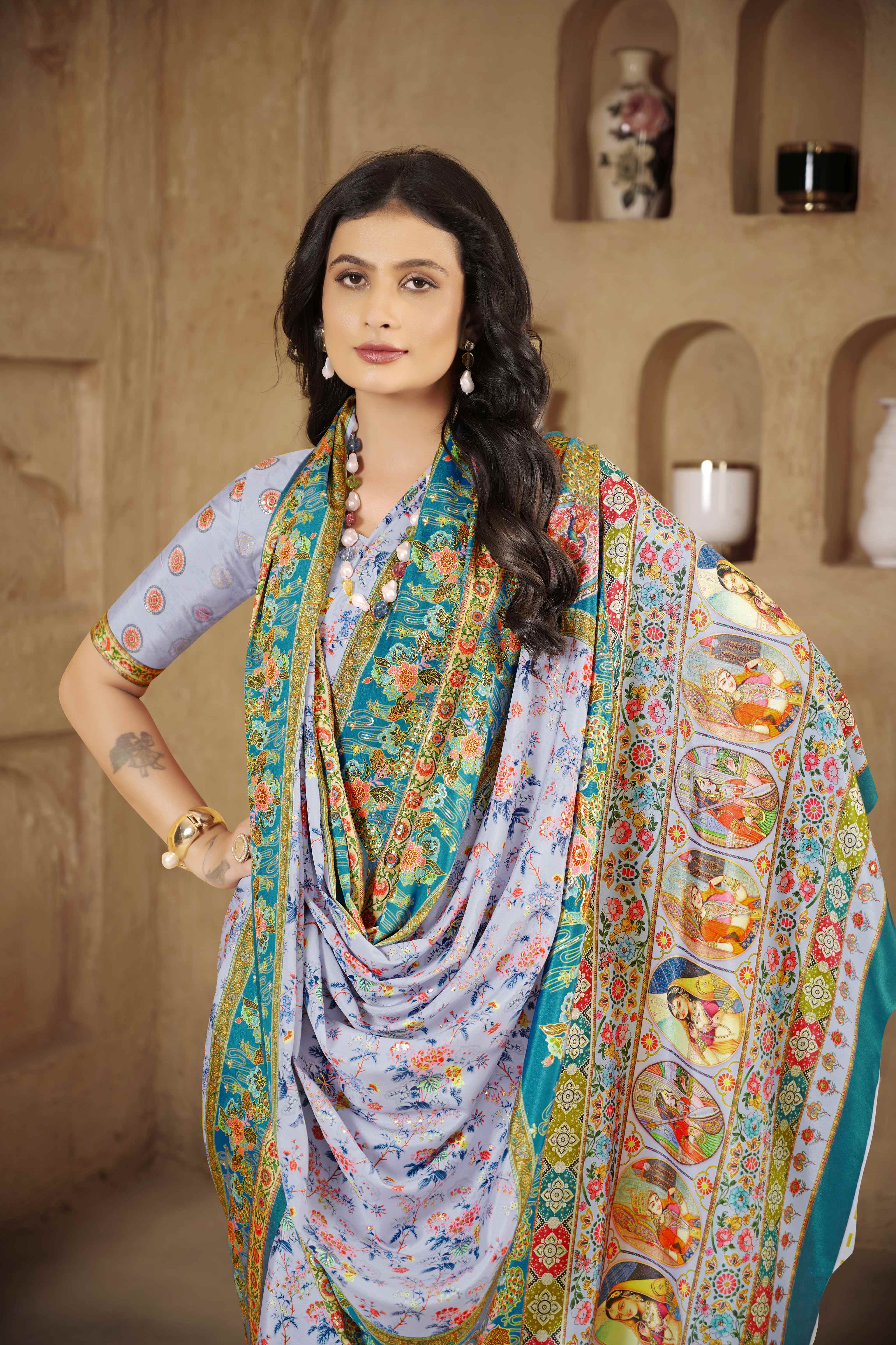 Lailac Beautiful Designer Position Digital Foil Printed Crepe Silk Designer Partywear Saree