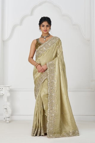 Latest Chiku Champagne Pure Dola Viscouse Silk Saree With Sequins And Beads Embroidery