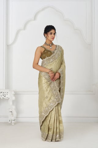 Latest Chiku Champagne Pure Dola Viscouse Silk Saree With Sequins And Beads Embroidery