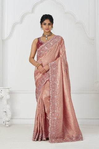 Latest Pink Pure Dola Viscouse Silk Saree With Sequins And Beads Embroidery For Brides