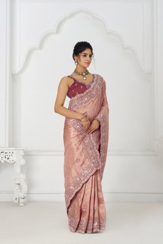 Latest Pink Pure Dola Viscouse Silk Saree With Sequins And Beads Embroidery For Brides
