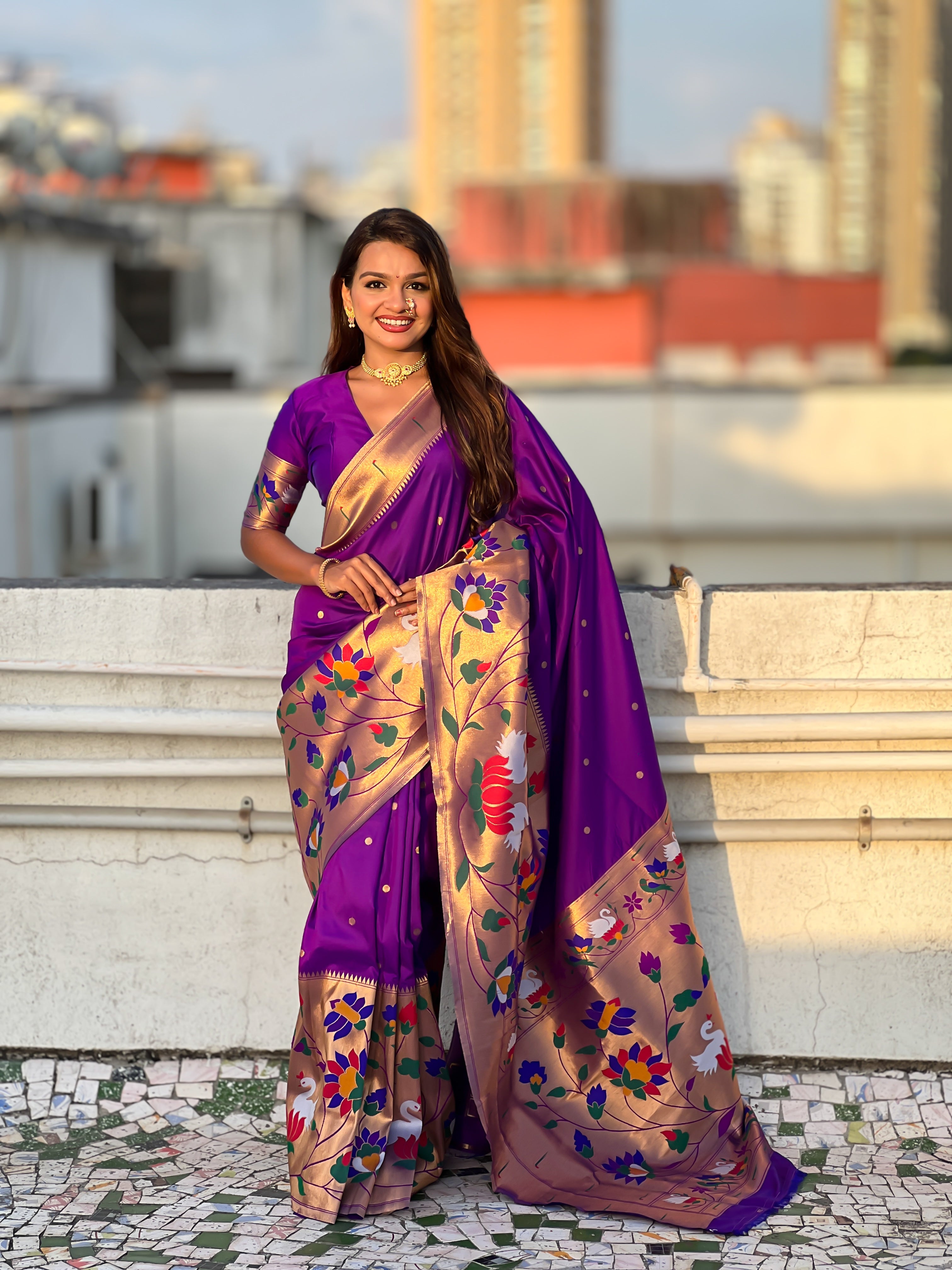 Lavender Beautiful Woven Meenakari Polka Designer Paithani Silk Ethnic Graceful Saree