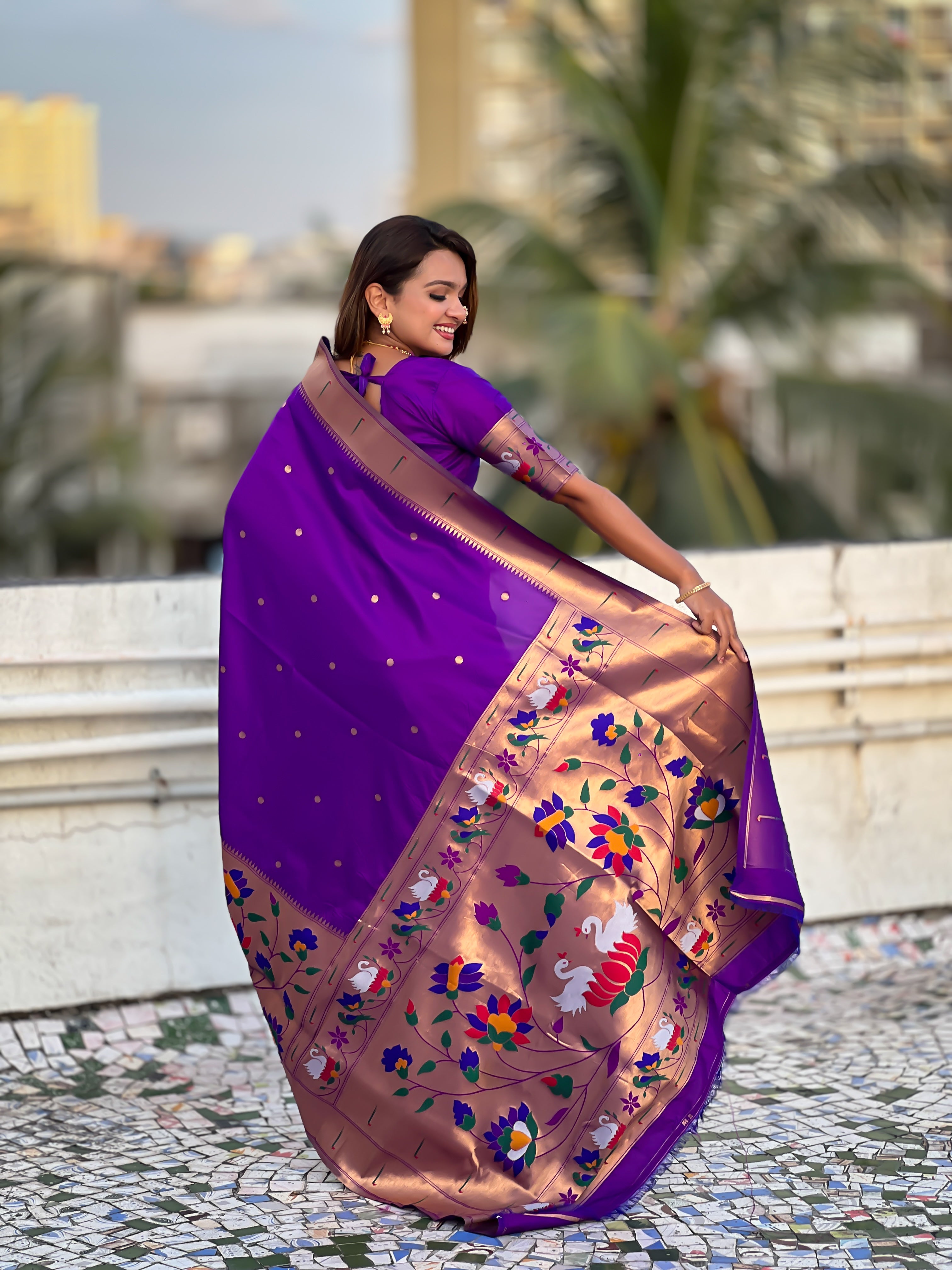 Lavender Beautiful Woven Meenakari Polka Designer Paithani Silk Ethnic Graceful Saree