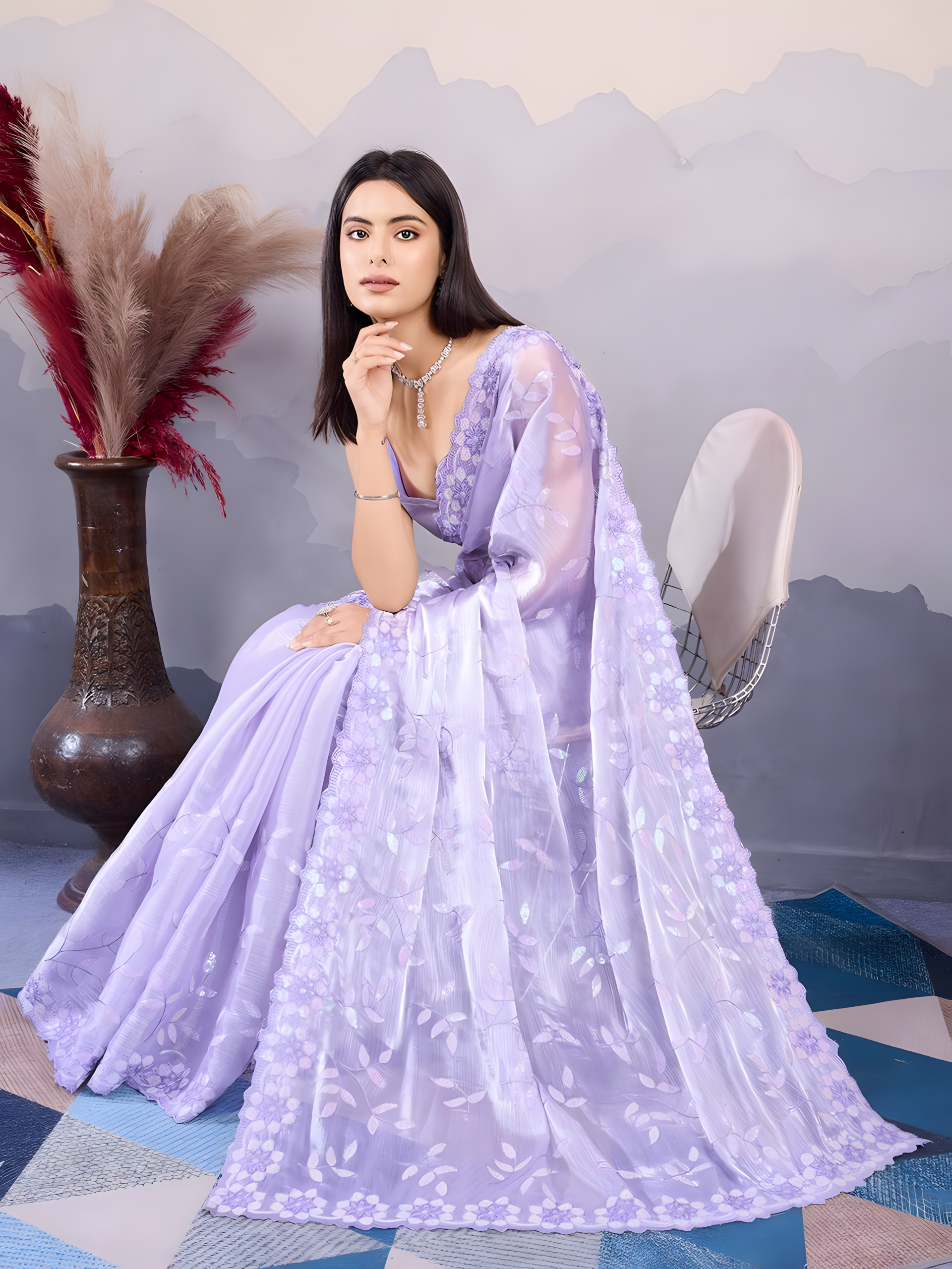 Lavender Burberry Silk  Saree with C Pallu Embroidery with sequins Work