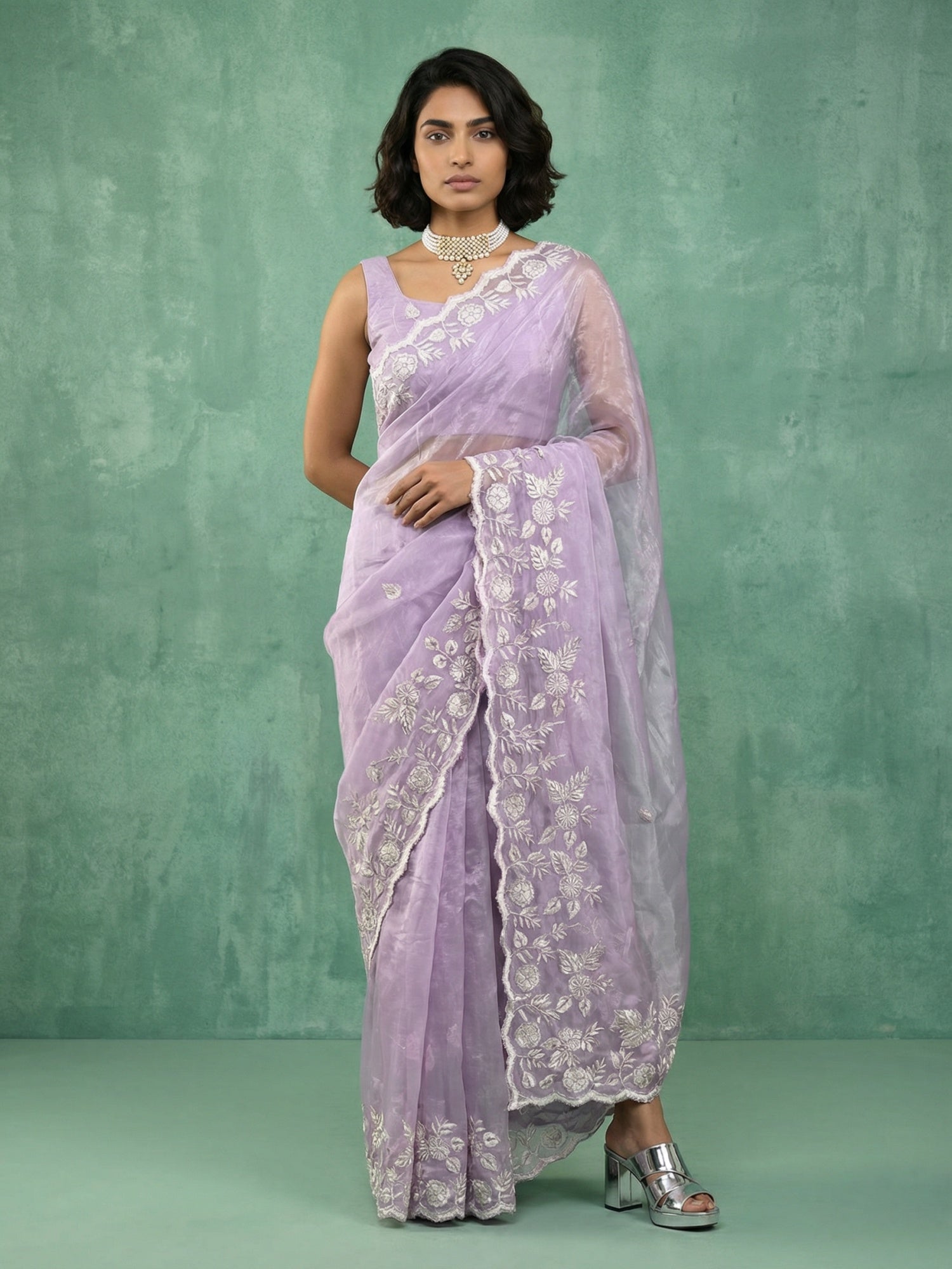 Lavender Chanda Silk Saree with Designer Floral Embroidery Work