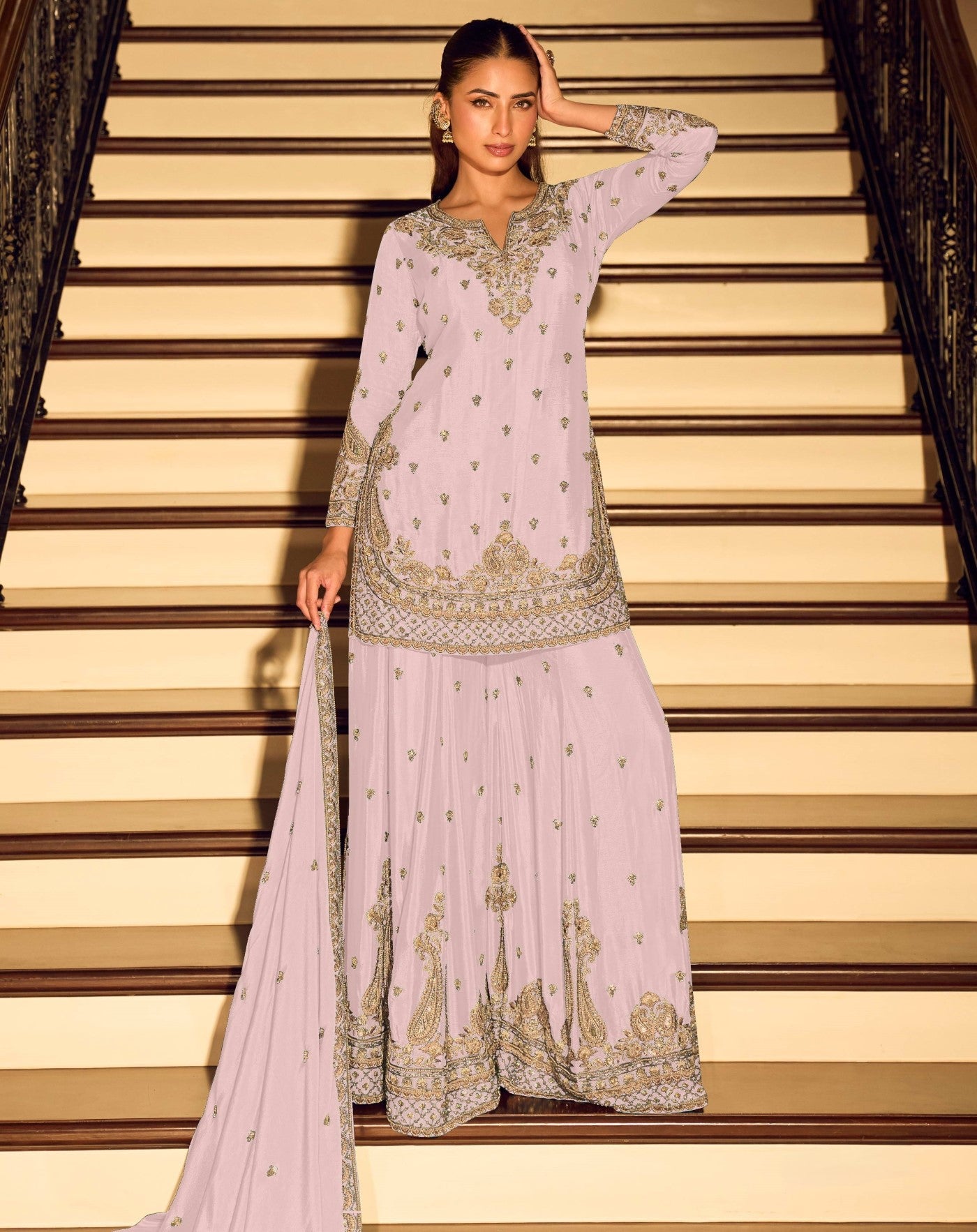 Lavender Chinon Designer Suit Set With Elegant Embroidery