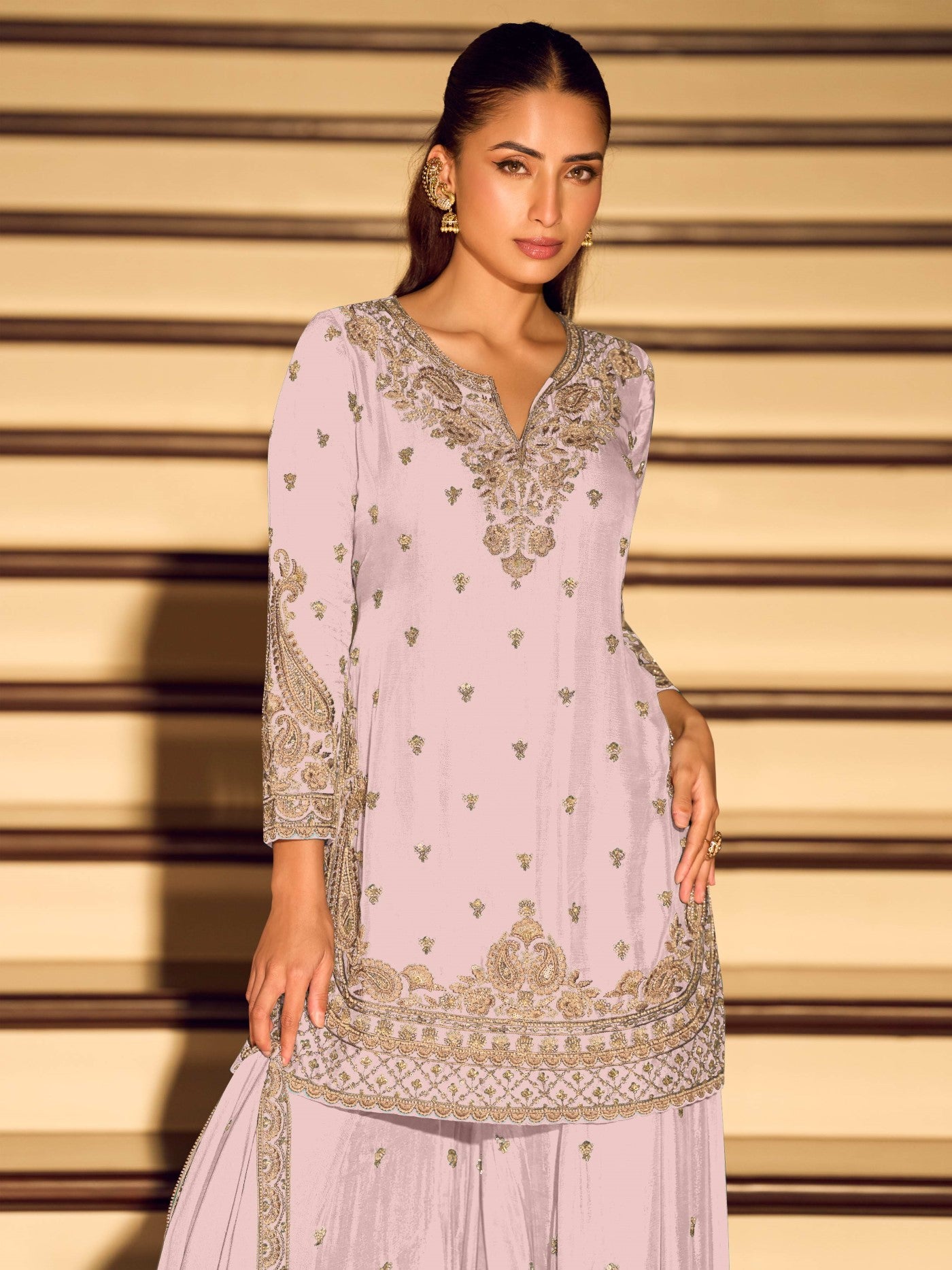 Lavender Chinon Designer Suit Set With Elegant Embroidery