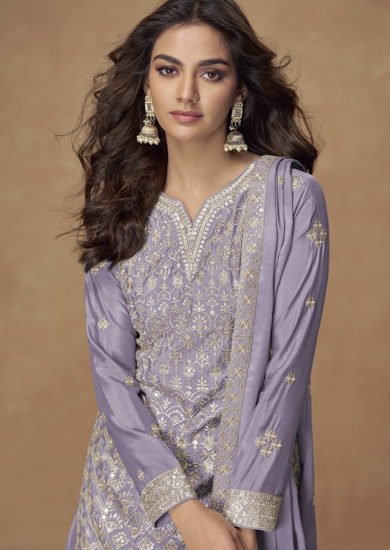 Lavender Chinon Silk Salwar Suit With Zari Sequin Embroidery