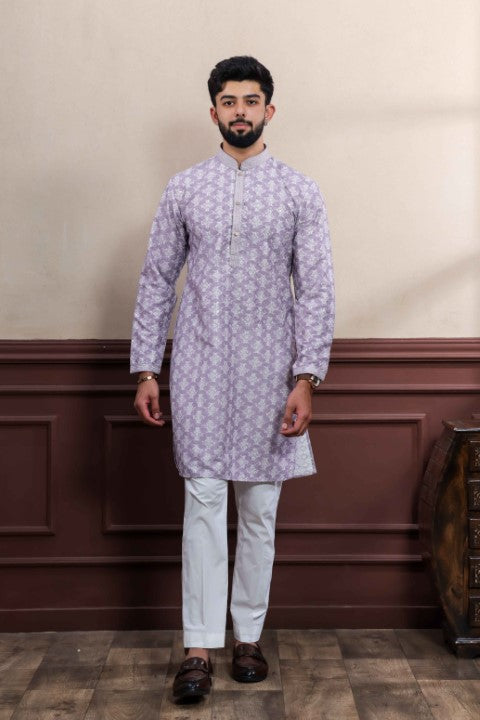 Lavender Cotton Blend Kurta Pajama with Abstract Print