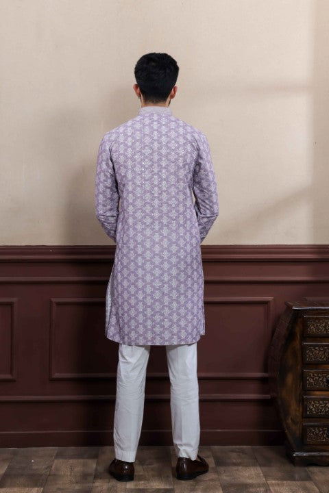 Lavender Cotton Blend Kurta Pajama with Abstract Print