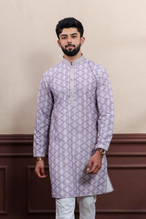 Lavender Cotton Blend Kurta Pajama with Abstract Print