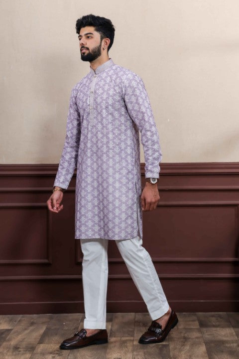 Lavender Cotton Blend Kurta Pajama with Abstract Print