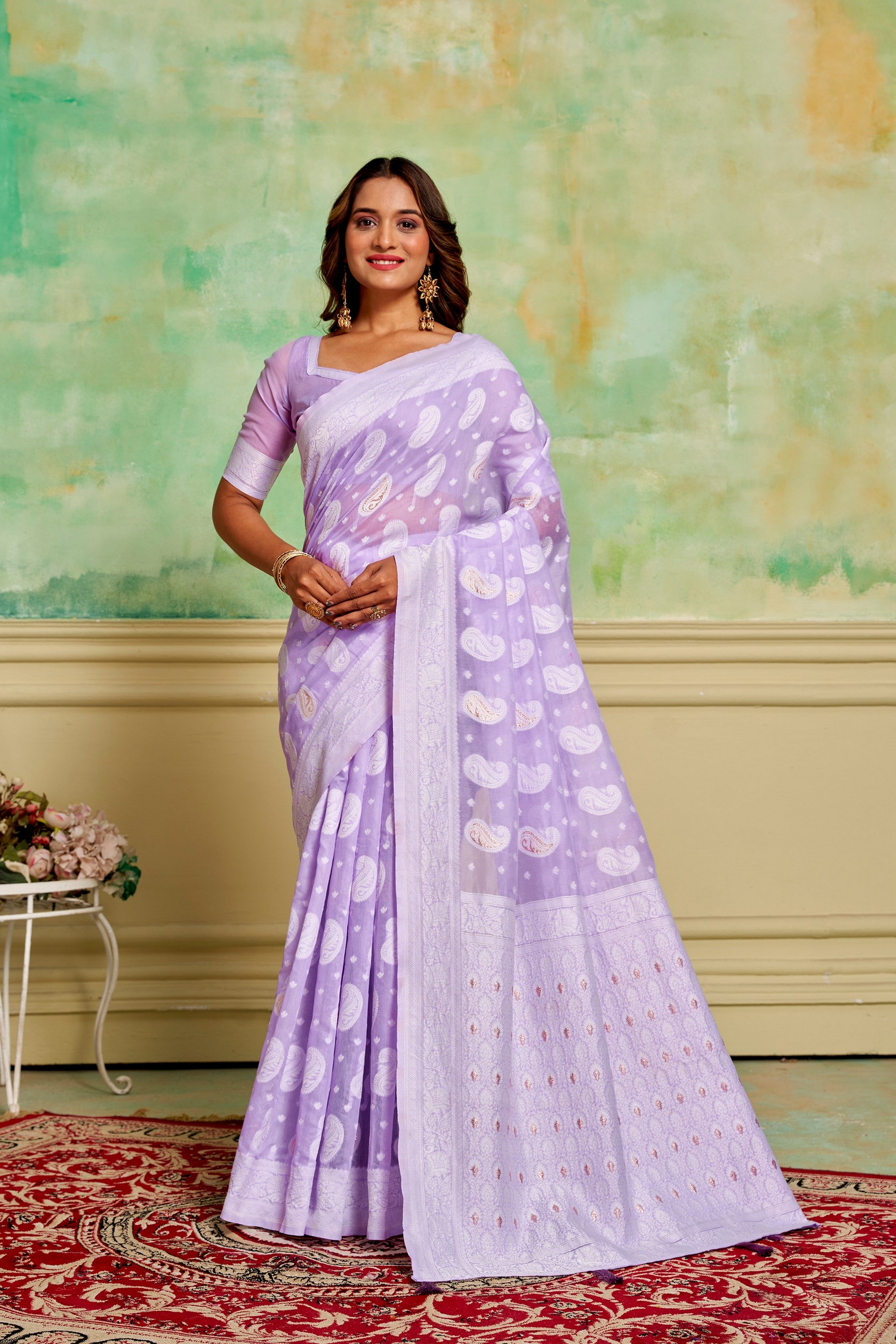 Lavender Cotton Fabric Woven Designer Ethnic Festive Wear Saree