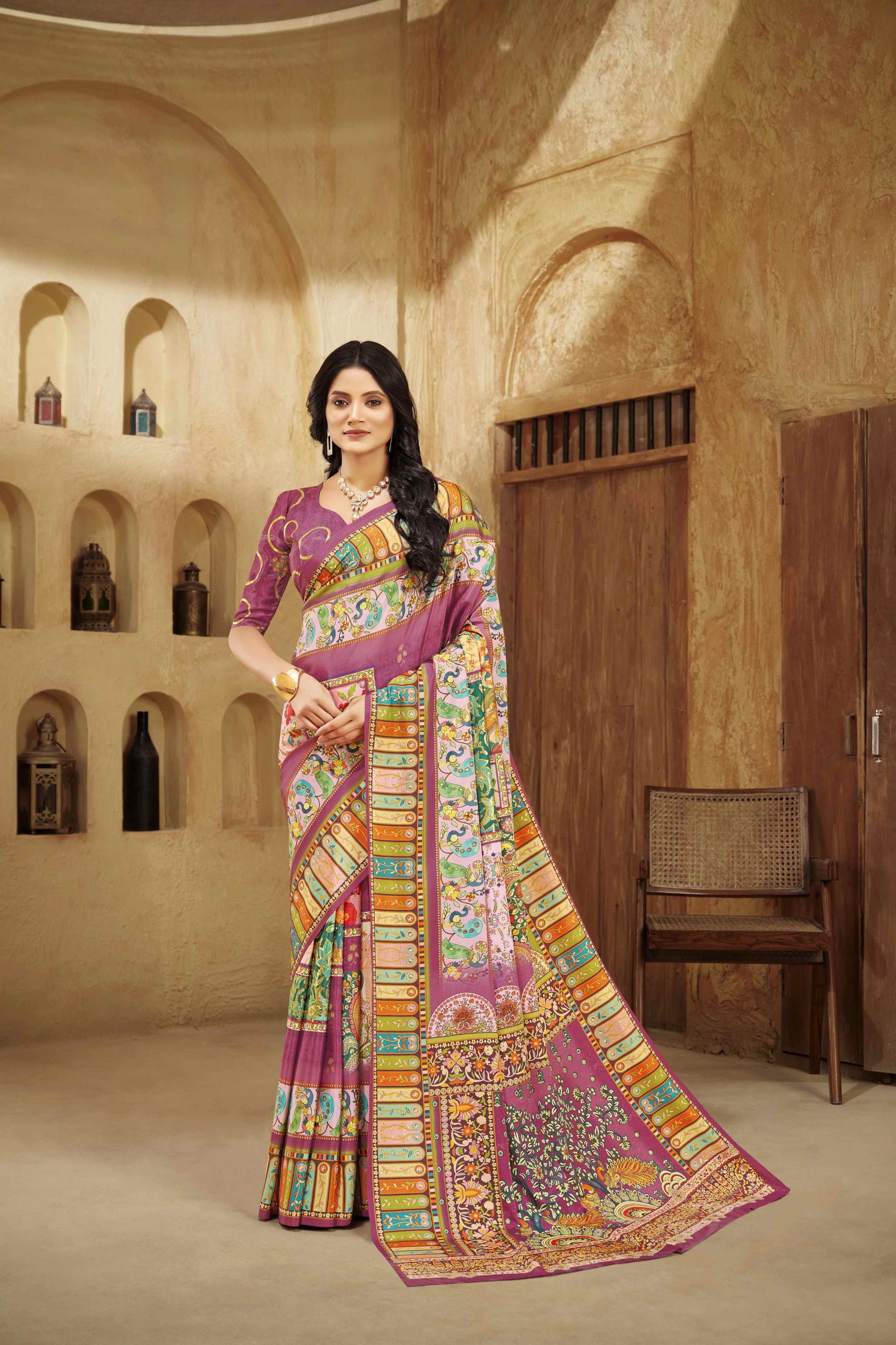 Lavender Designer Position Digital Foil Printed Crepe Silk Ethnic Festive Saree