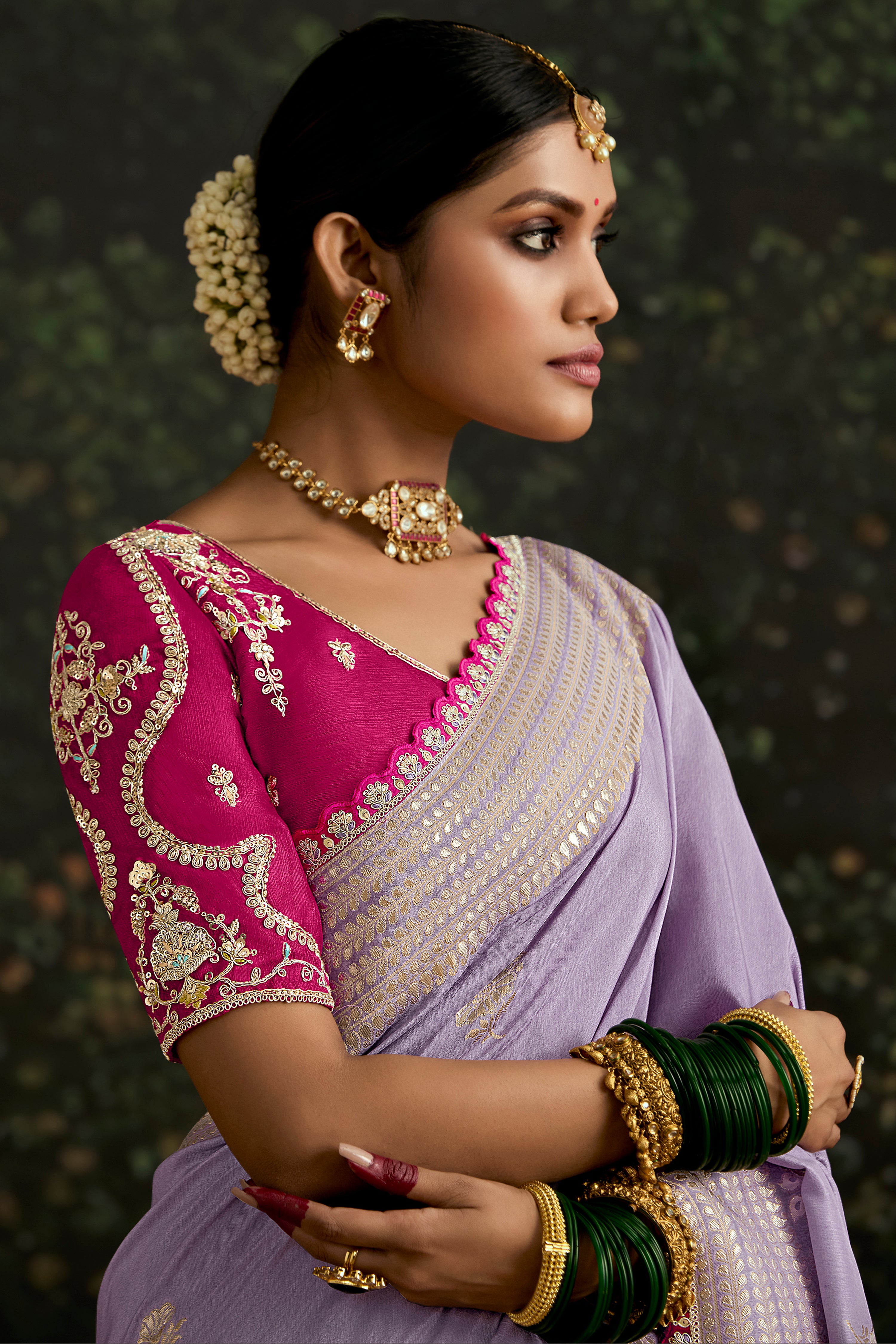 Lavender Dola Silk Saree With  Jacquard Woven with Embroidered Lace Border