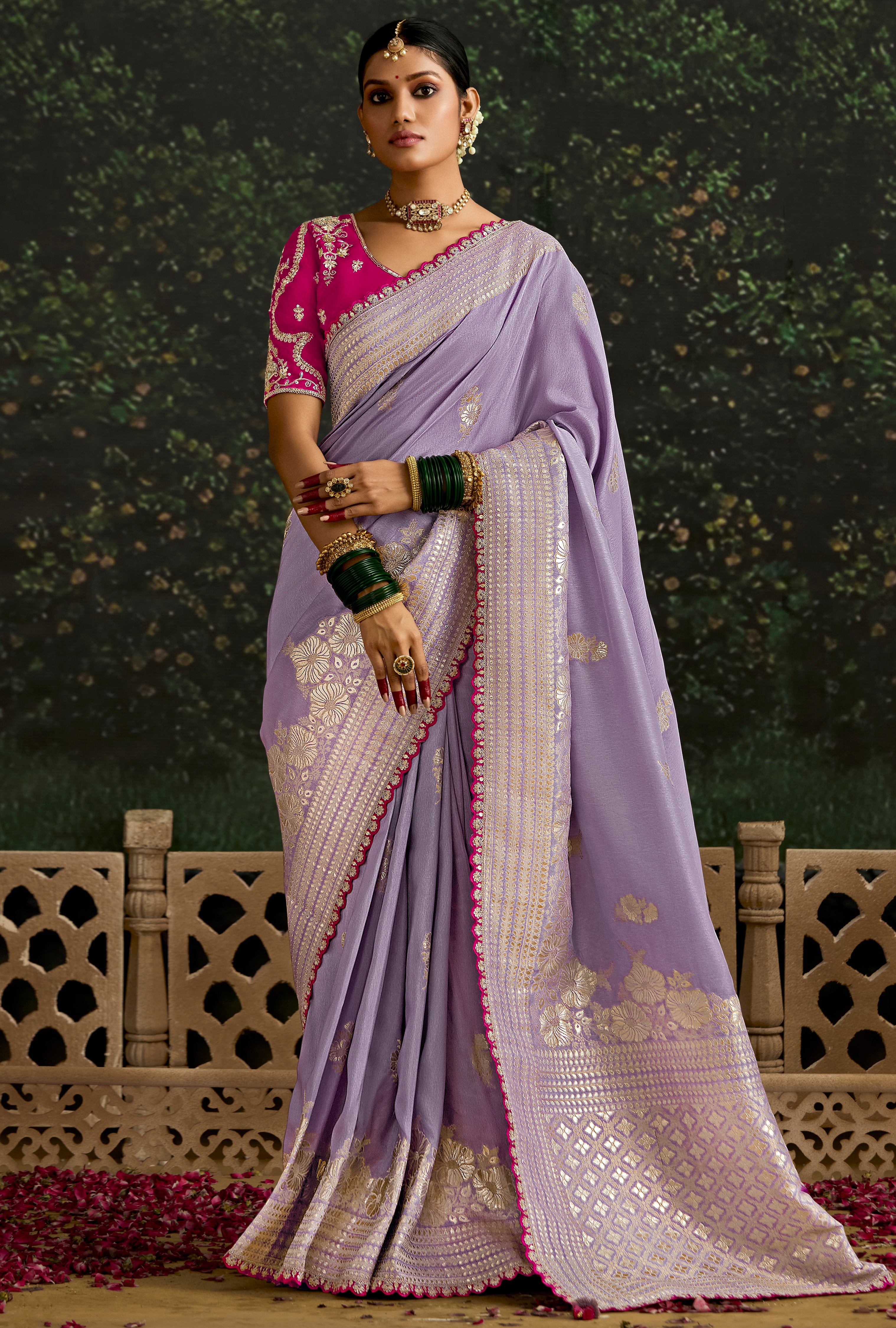 Lavender Dola Silk Saree With  Jacquard Woven with Embroidered Lace Border