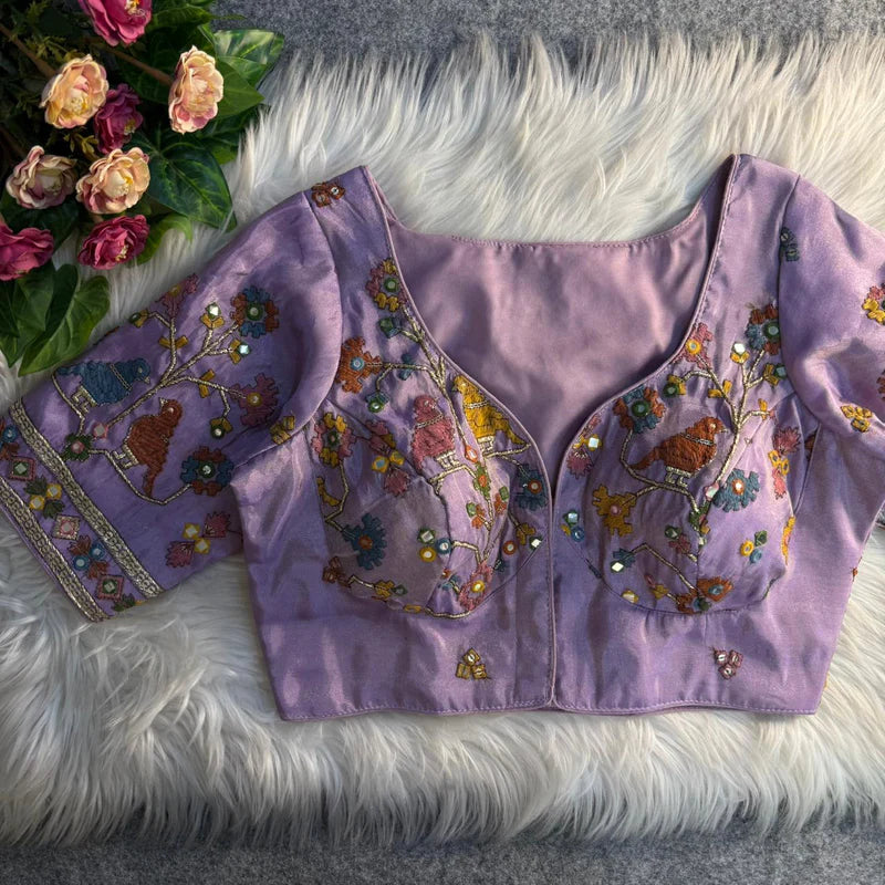 Lavender Dream Bird Motif Mirror Work Blouse  Cosmos Silk Designer Partywear