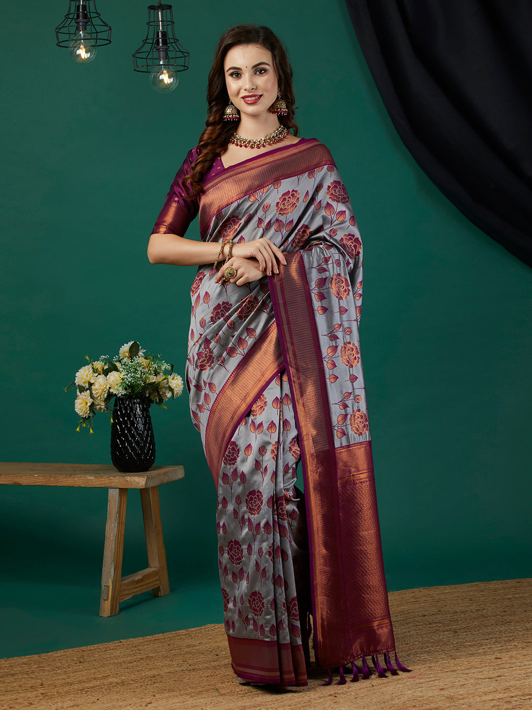 Lavender Ethnic Banarasi Silk Saree With Floral Woven Designer Looks
