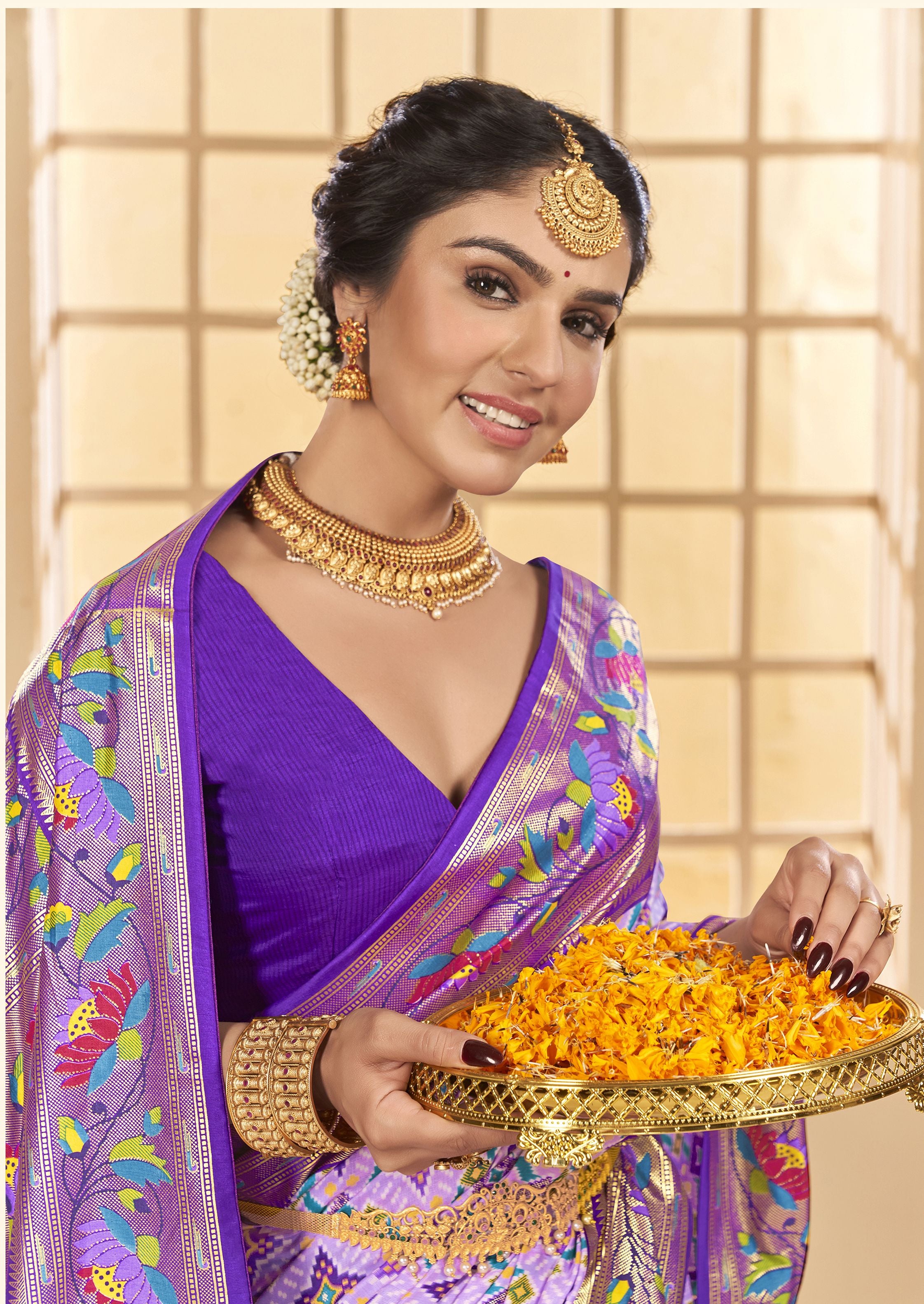 Lavender Ethnic Woven Border Designer With Ikkat Printed Cotton Silk Saree