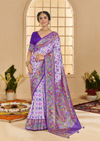 Lavender Ethnic Woven Border Designer With Ikkat Printed Cotton Silk Saree
