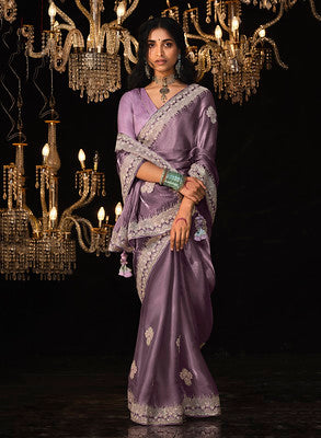 Lavender Fancy Fabric Saree With  Heavy Thread Embroidery, Zarkan, Stone With Sequins Work