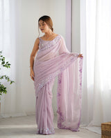 Lavender Georgette Beautiful Partywear Embroidered Saree