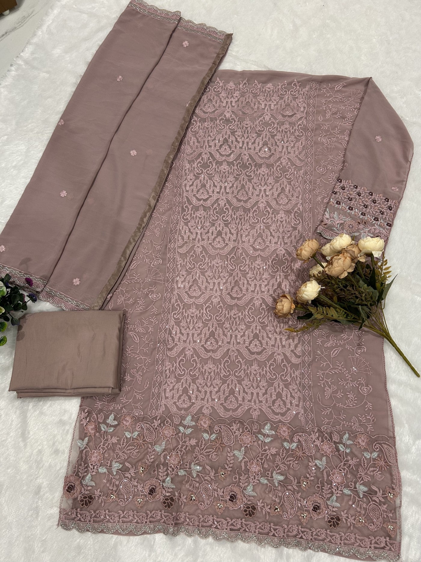 Lavender Georgette Designer Suit Set With Intricate Embroidery