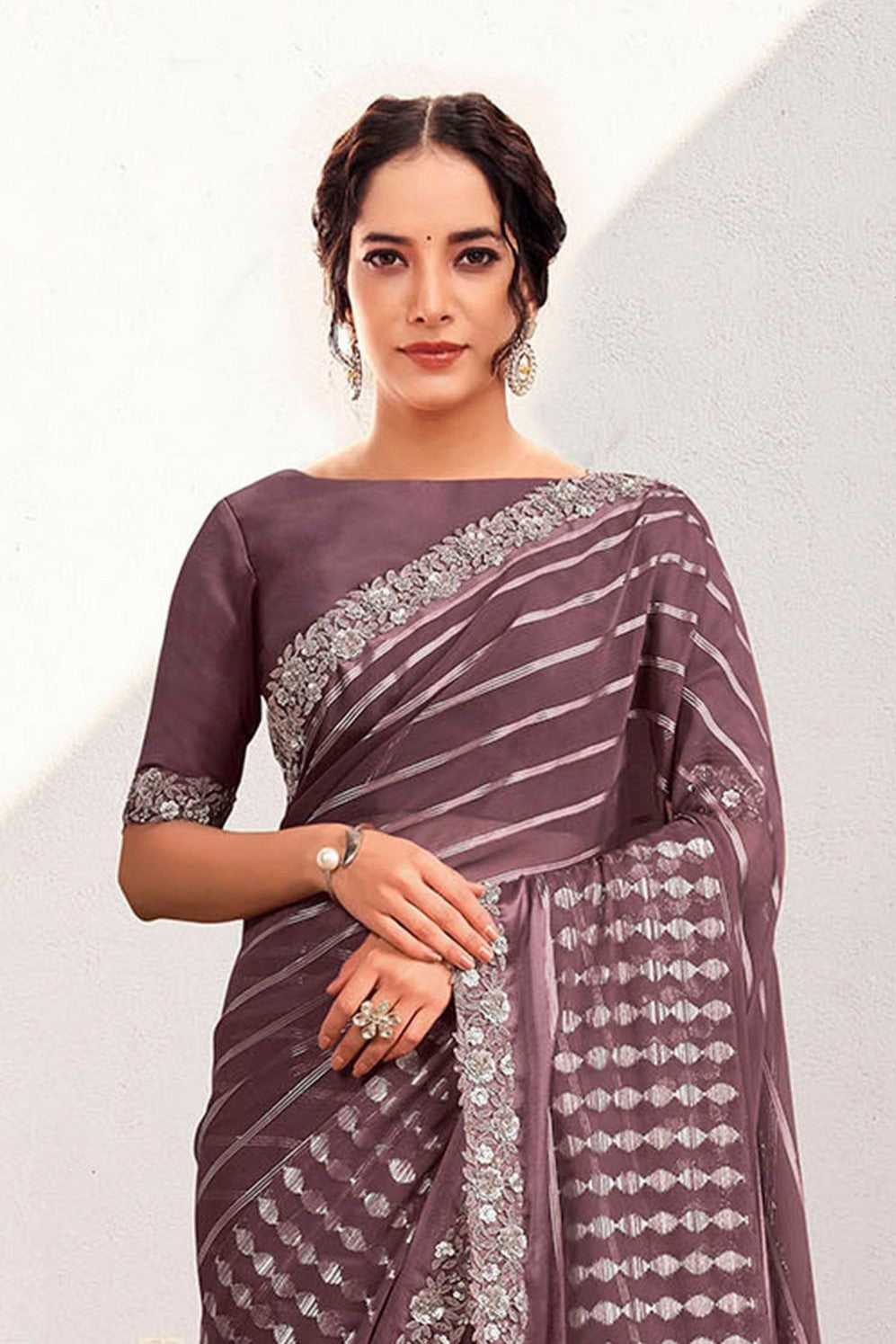 Lavender Georgette Kasab Heavy Embroidery Work Wedding Wear Saree