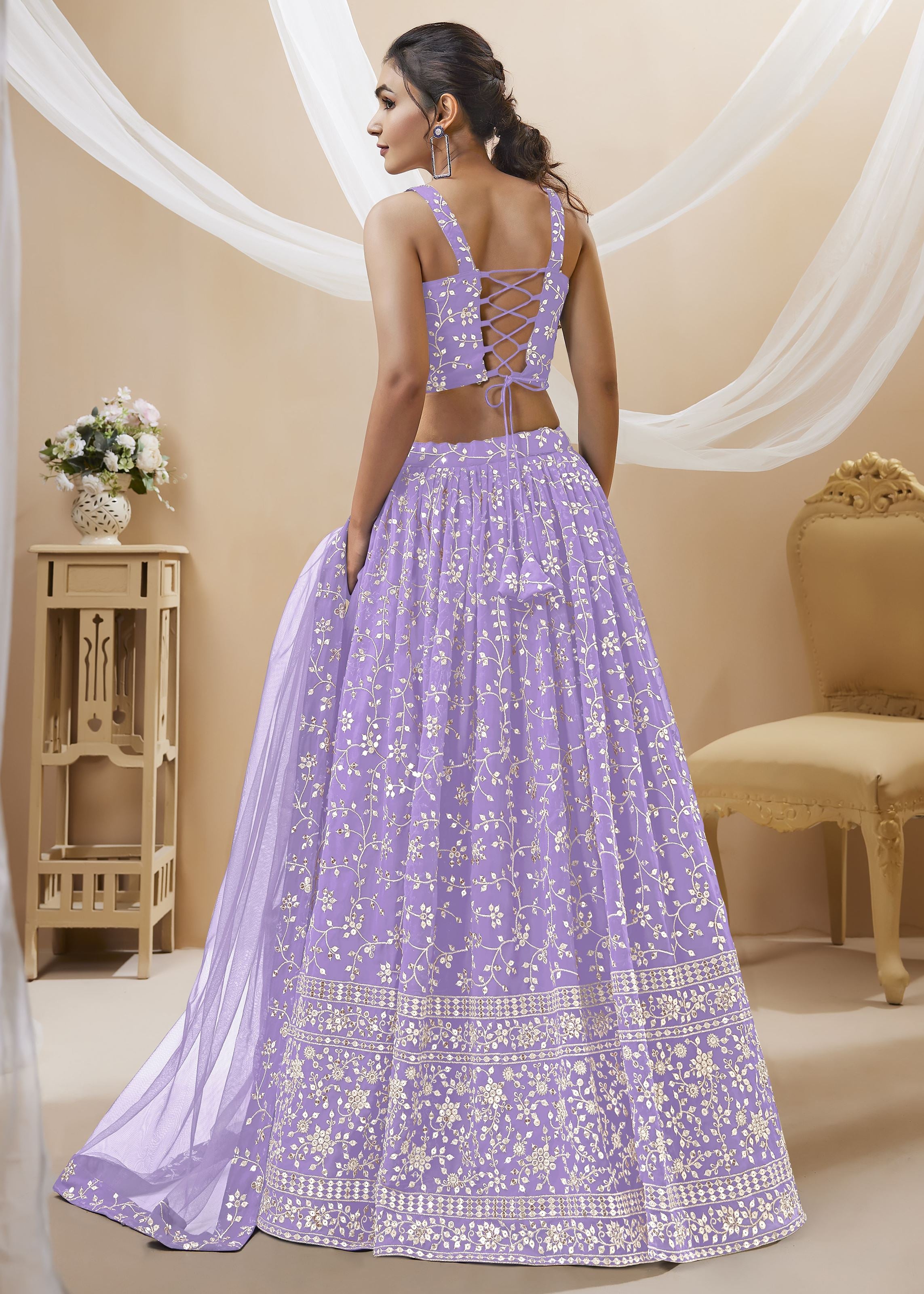 Lavender Georgette Lehenga Choli With Sequins Zari Embroidered Work