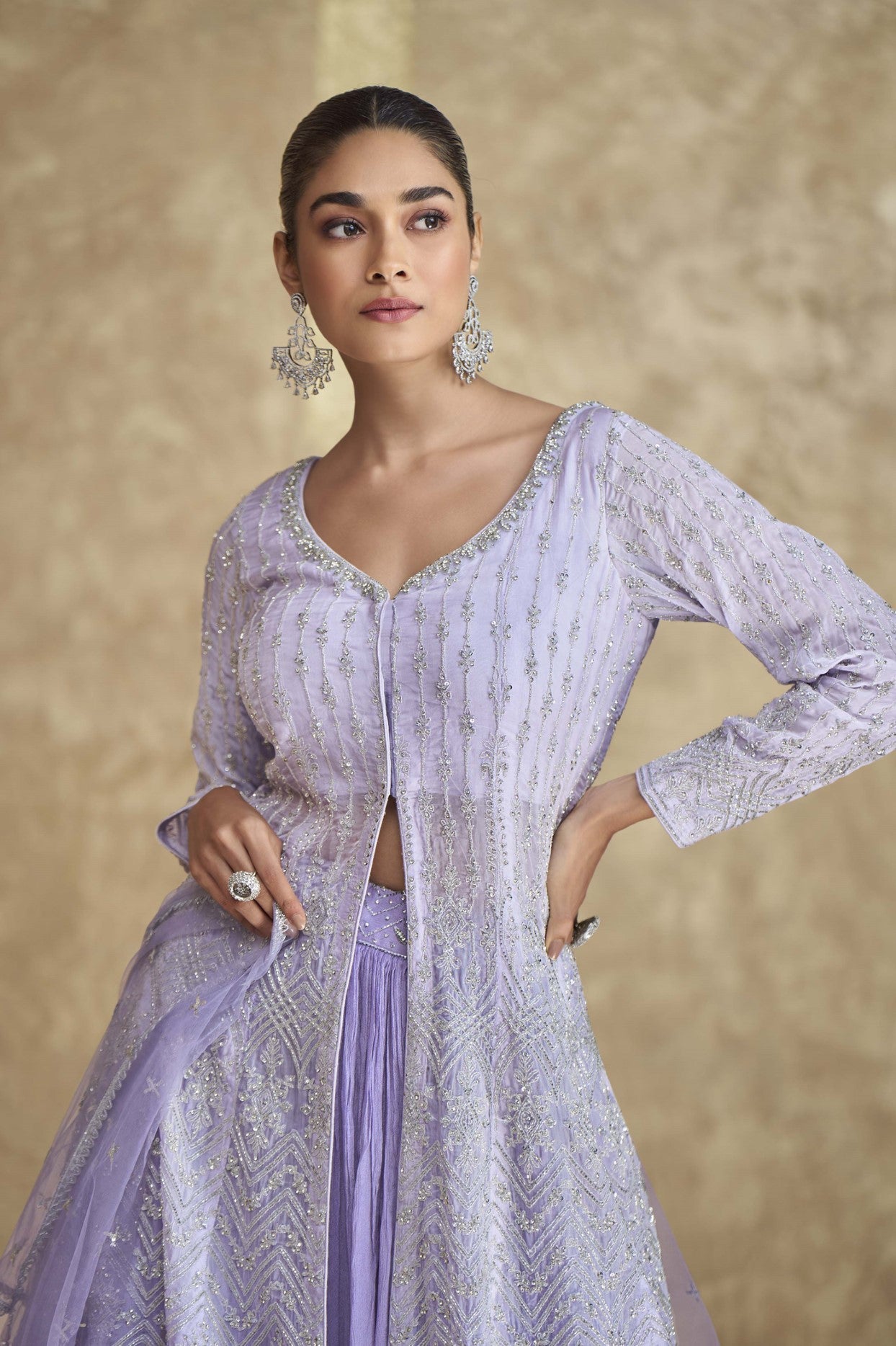 Lavender Georgette Lehenga Set With Sequin Embroidery