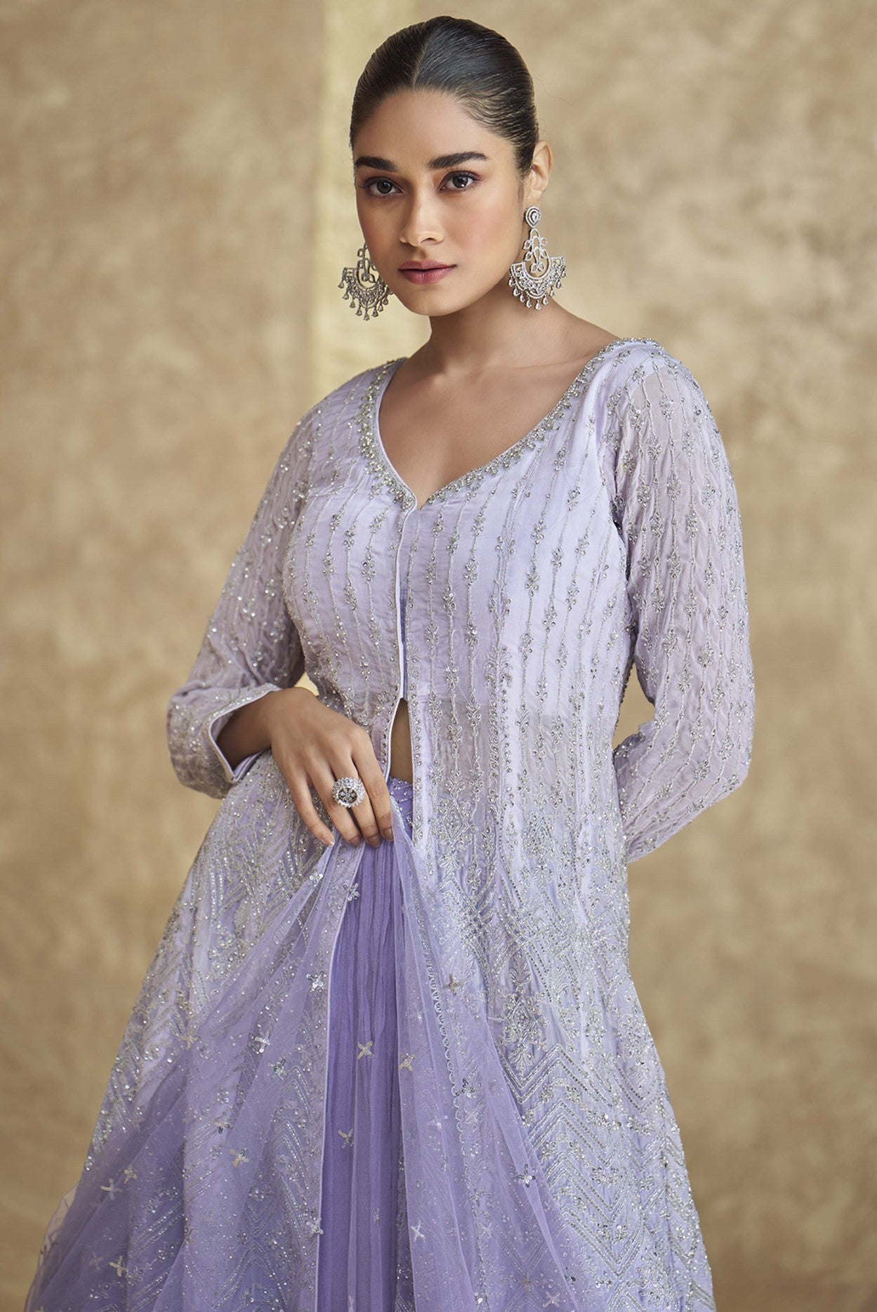 Lavender Georgette Lehenga Set With Sequin Embroidery