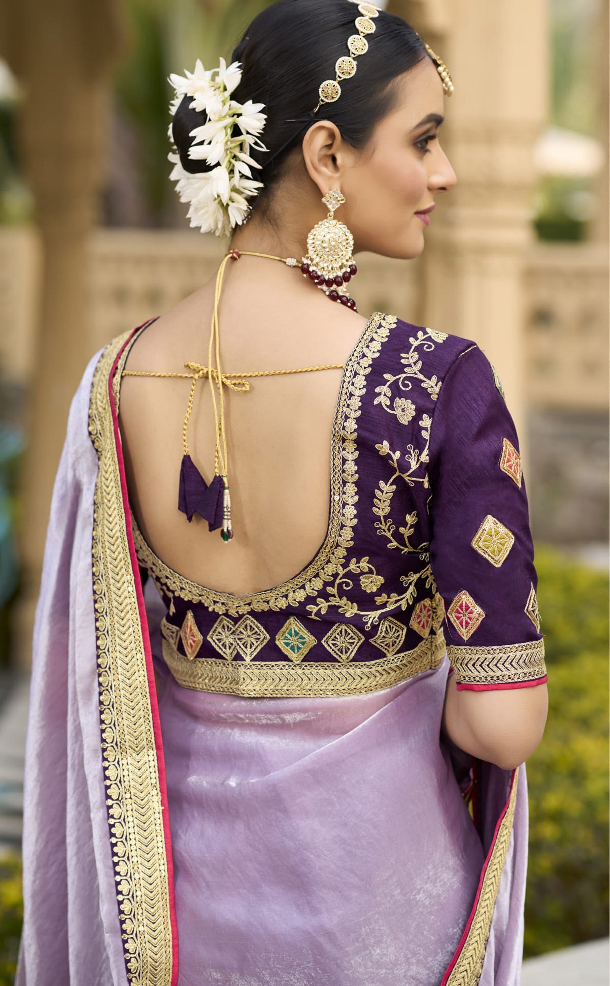 Lavender Georgette Plain Saree With Embroidered Lace Border