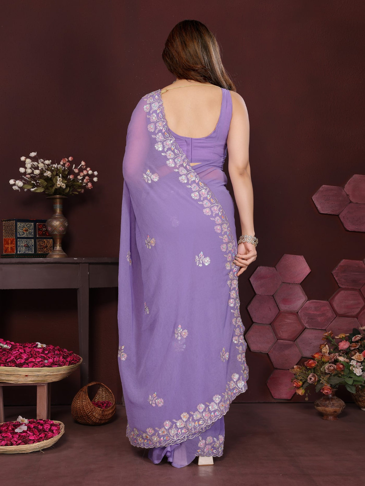 Lavender Georgette Saree With Embroidery Work And Designer Blouse