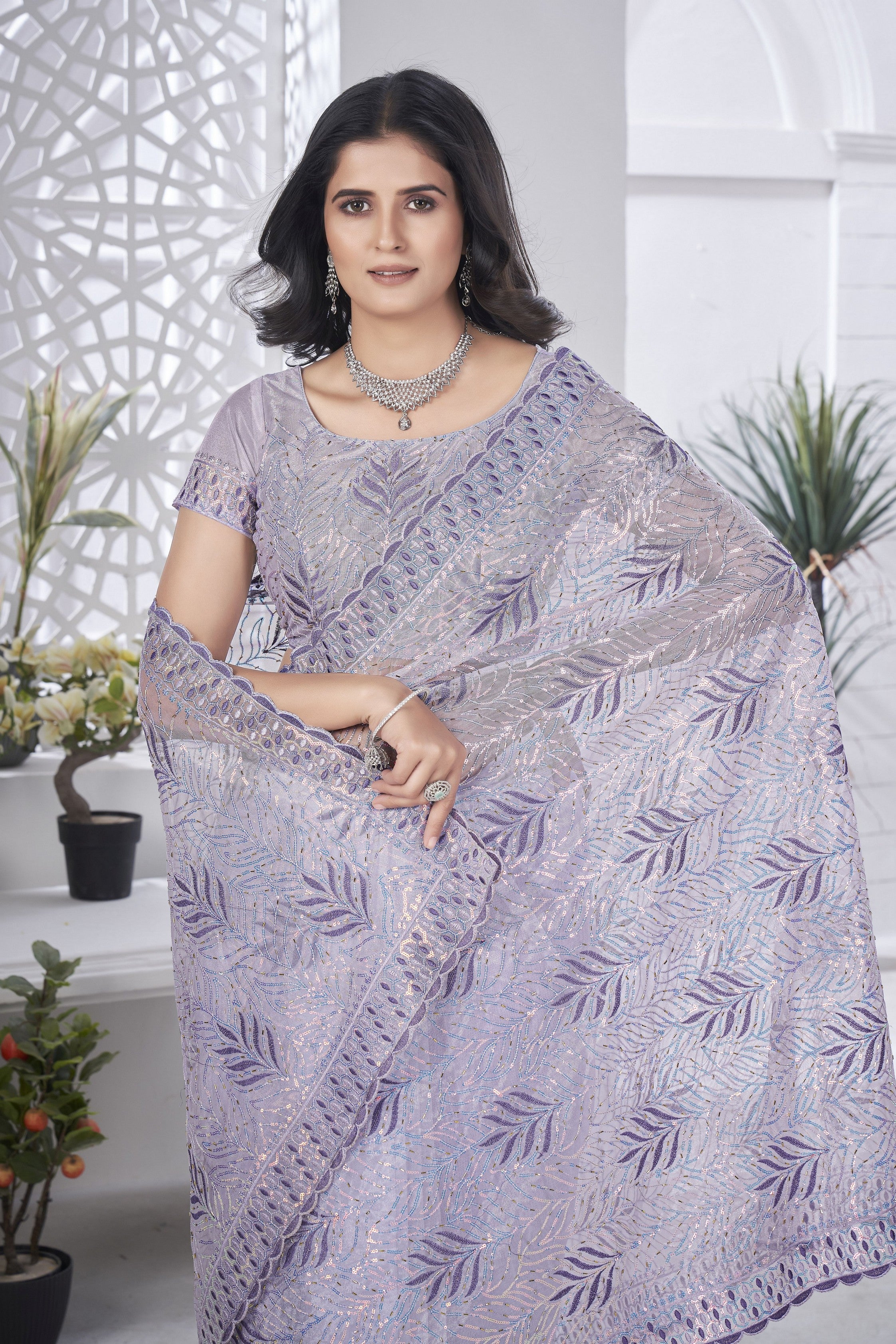 Lavender Girlie Tissue Net Designer Embroidered Saree