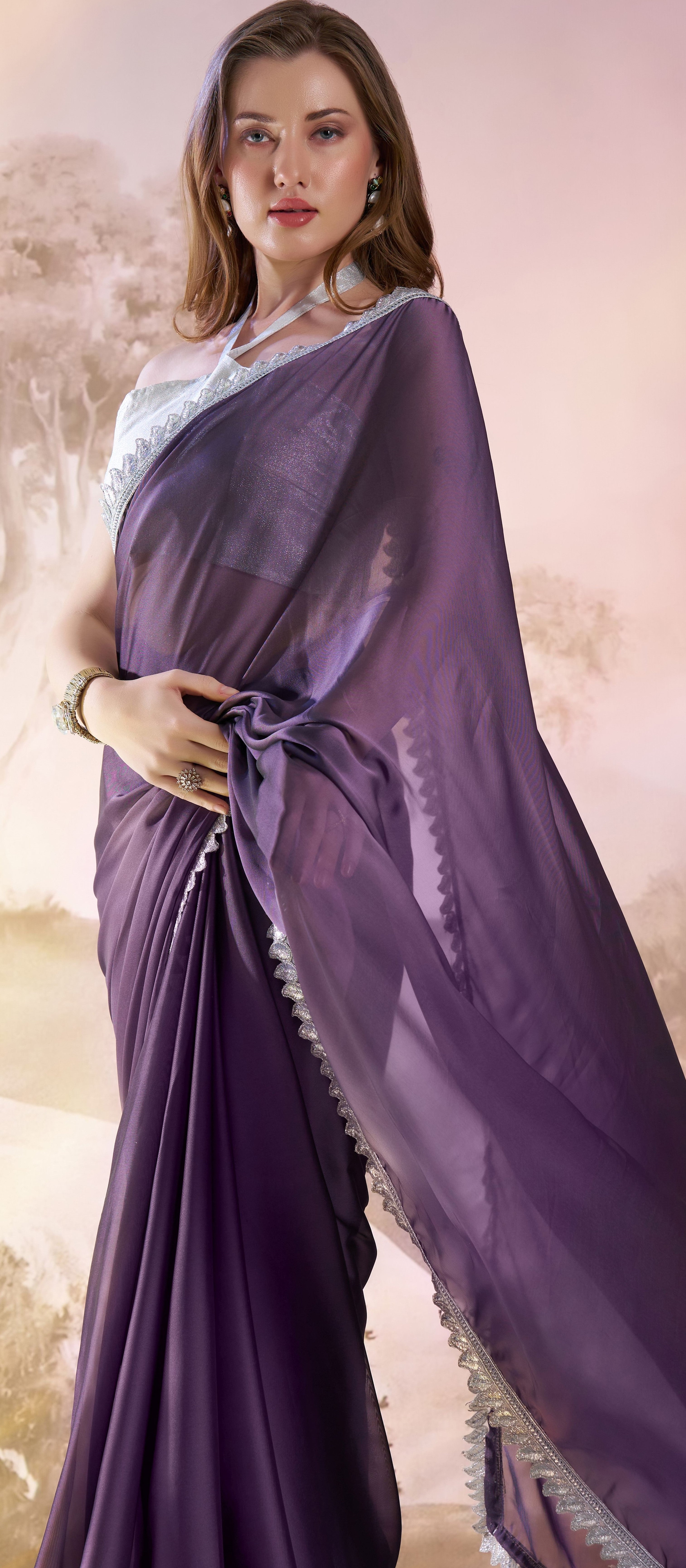 Lavender Glamorous Bollywood Style Solid Fancy Designer Satin Rangoli Saree