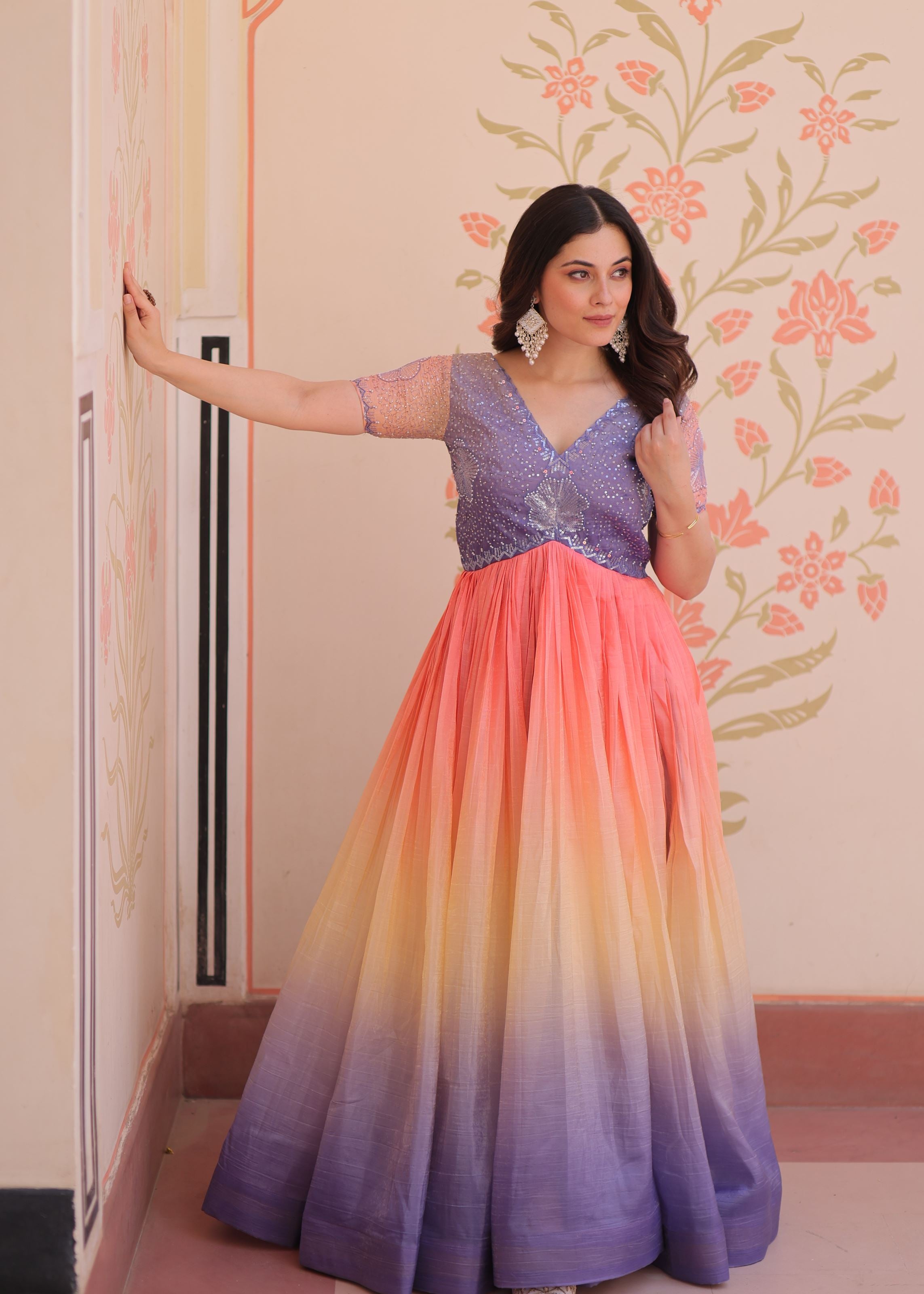 Lavender Gold Crush Gown With Embroidered Work