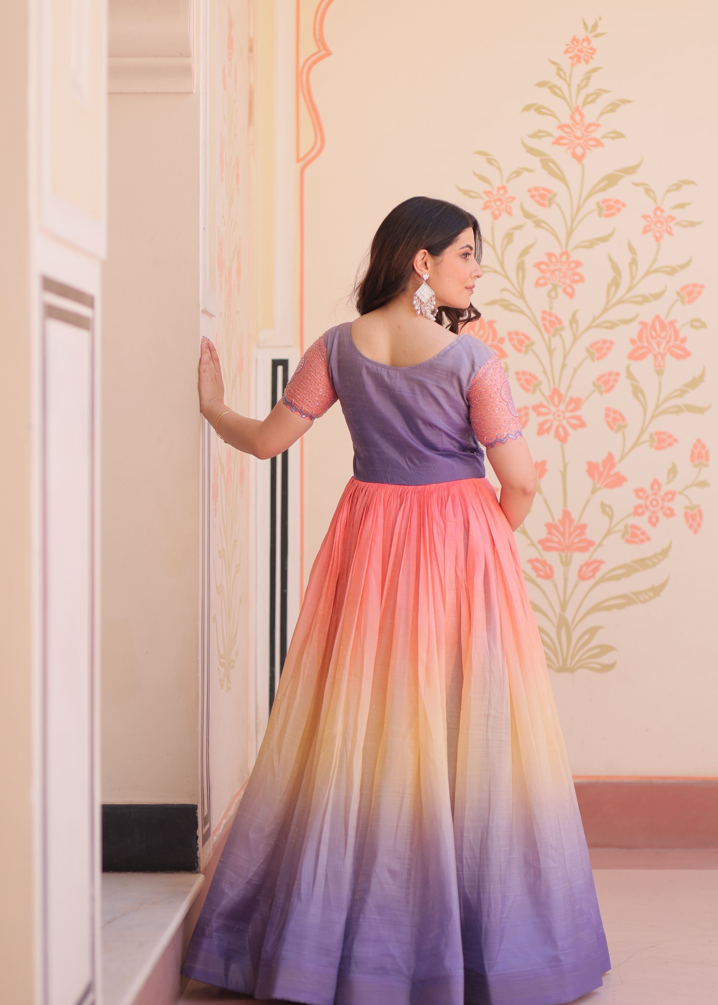 Lavender Gold Crush Gown With Embroidered Work