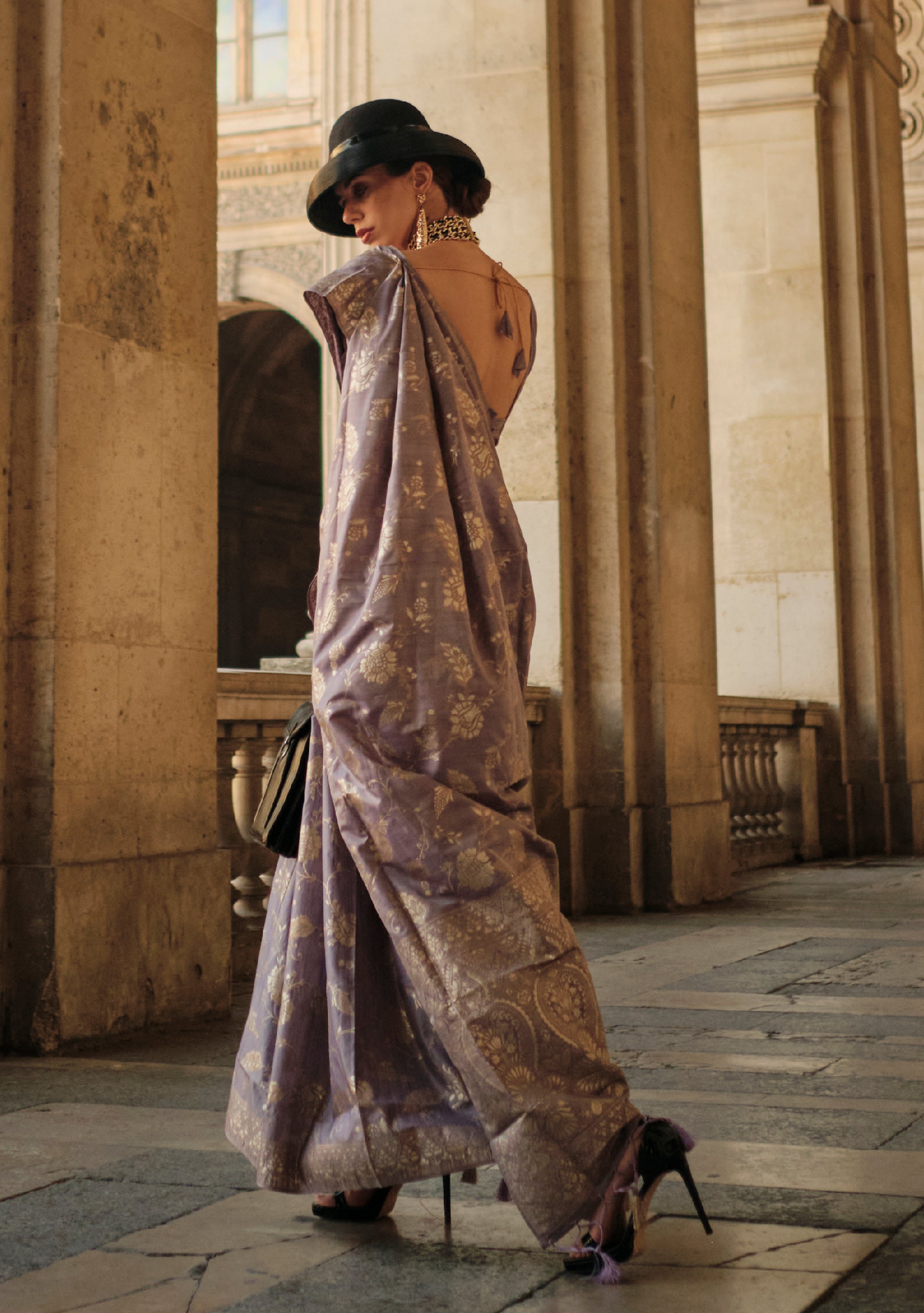 Lavender Gota Zari Weaving Silk Saree With Woven Work