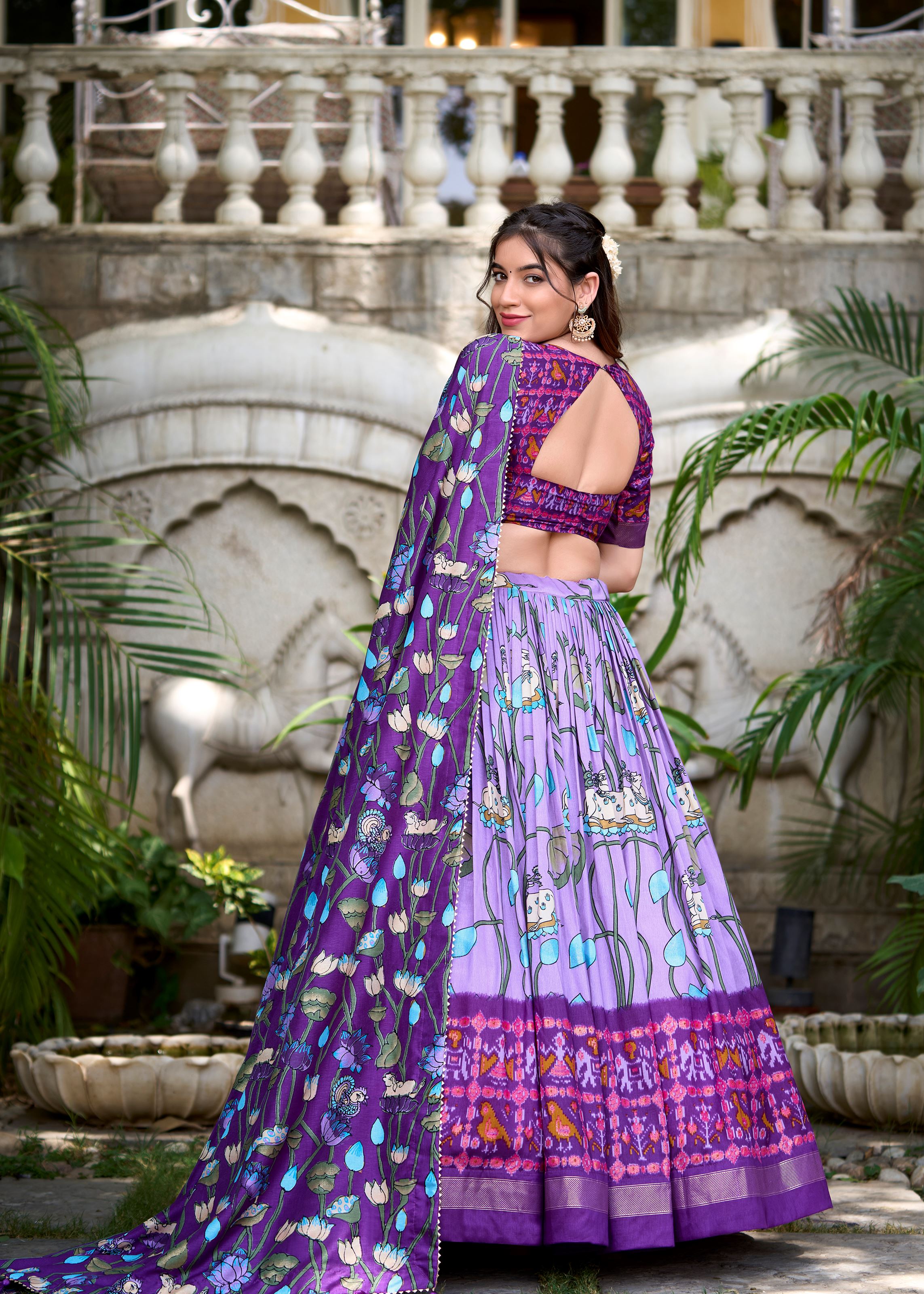 Lavender Grace Tussar Silk Patola Print Lehenga