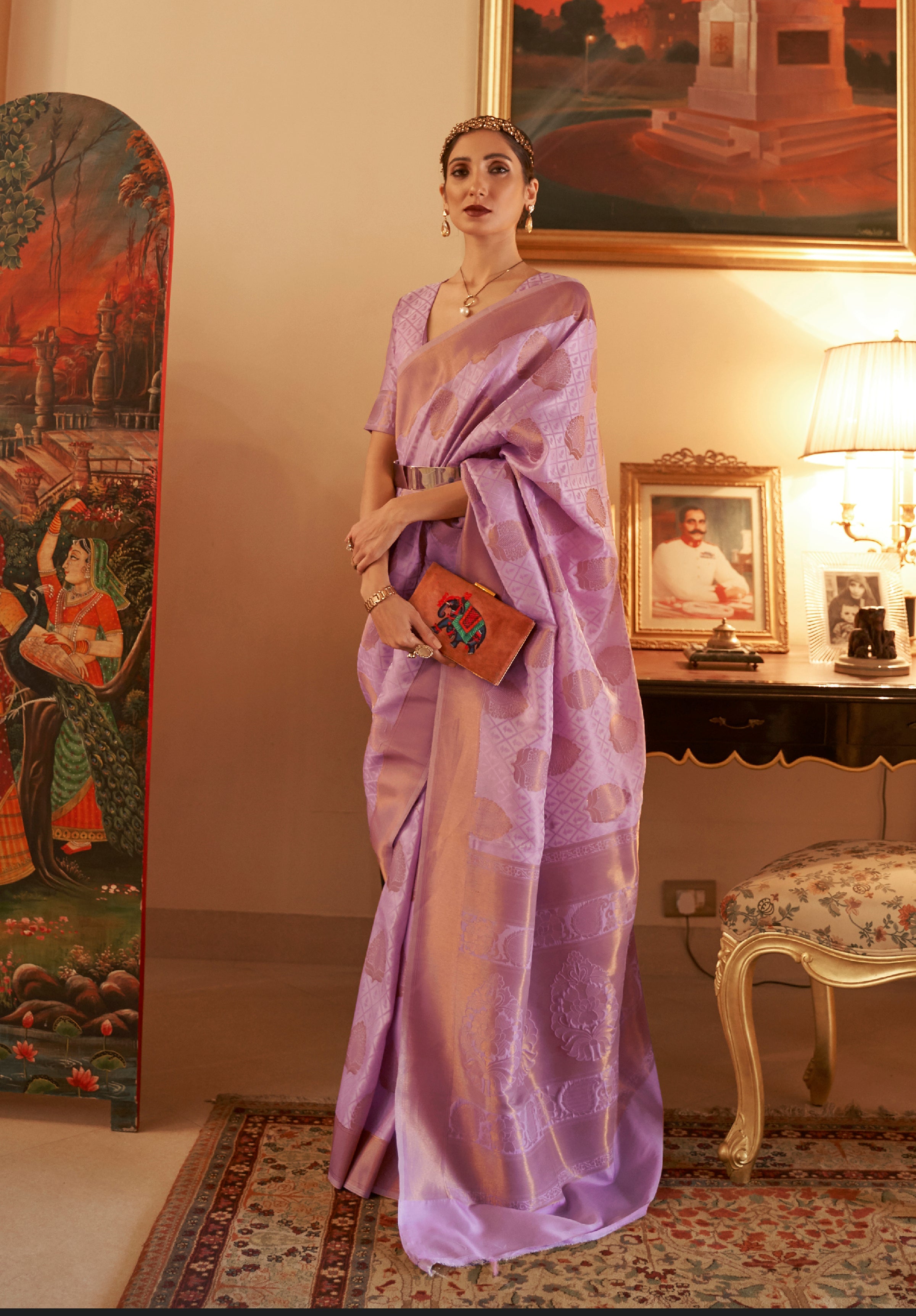 Lavender Handloom Silk Saree With Copper Zari Woven Work