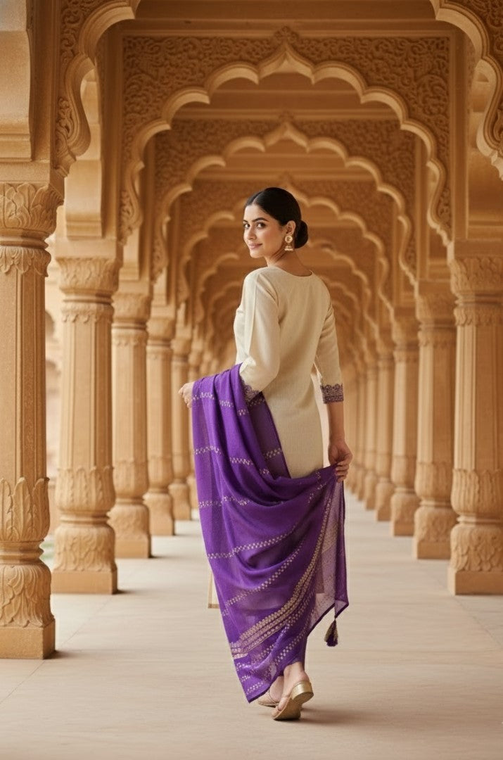 Lavender Jacquard Silk Designer Suit Set With Rich Woven Patterns