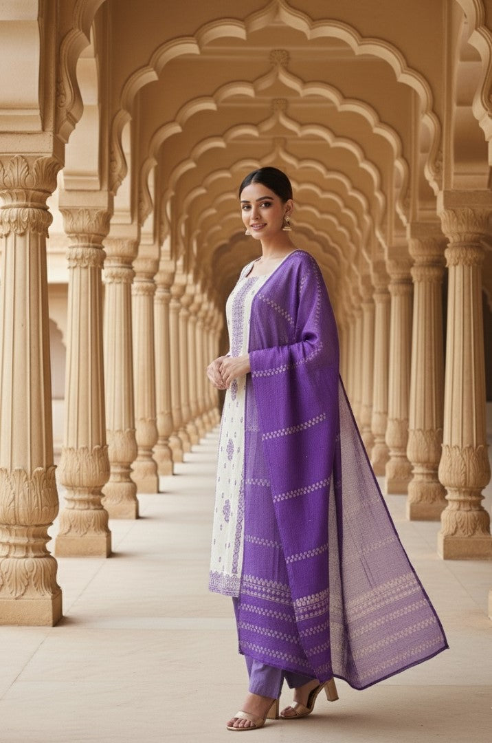 Lavender Jacquard Silk Designer Suit Set With Rich Woven Patterns