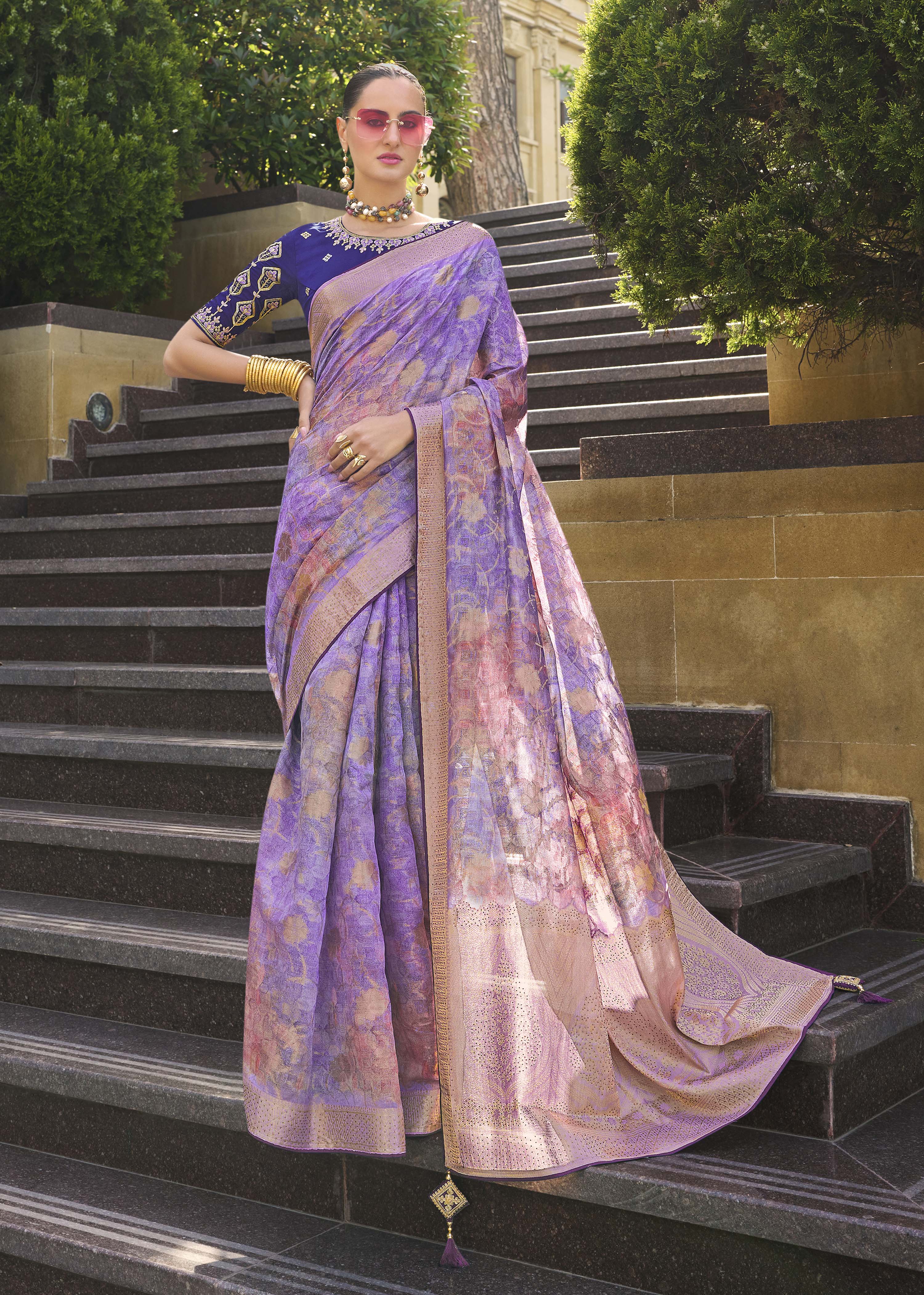 Lavender Jacquard Silk Woven Saree With Embroidered Blouse