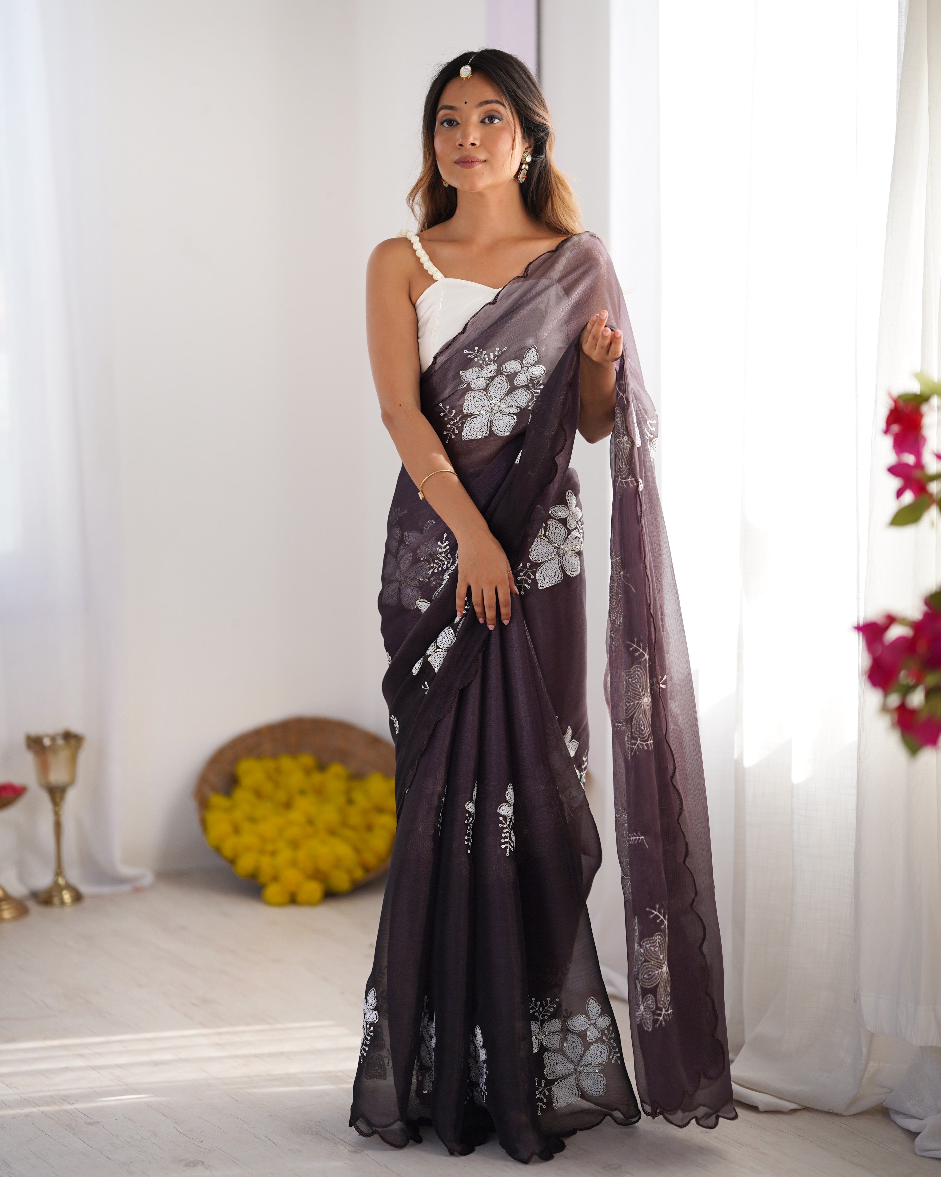 Lavender Jimmy Choo Designer Dual Sequance Embroidery Work Beautiful Partywear Saree